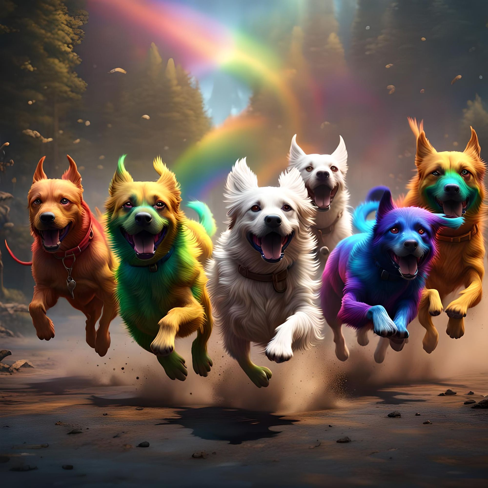 Pack of dogs running rainbow