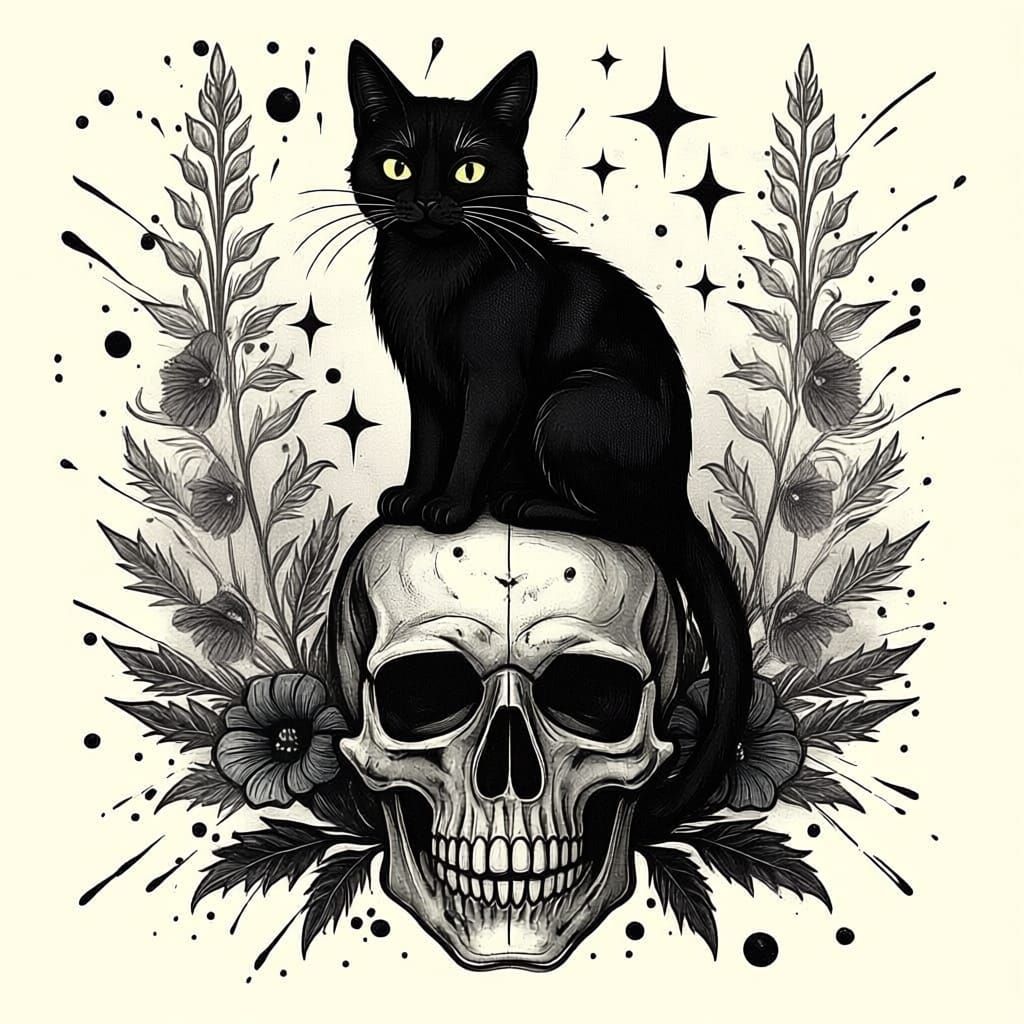 Tattoo idea  of a cat on a skull bordered with ink splatters, foxglove, belladonna and hemlock flowers black and white 