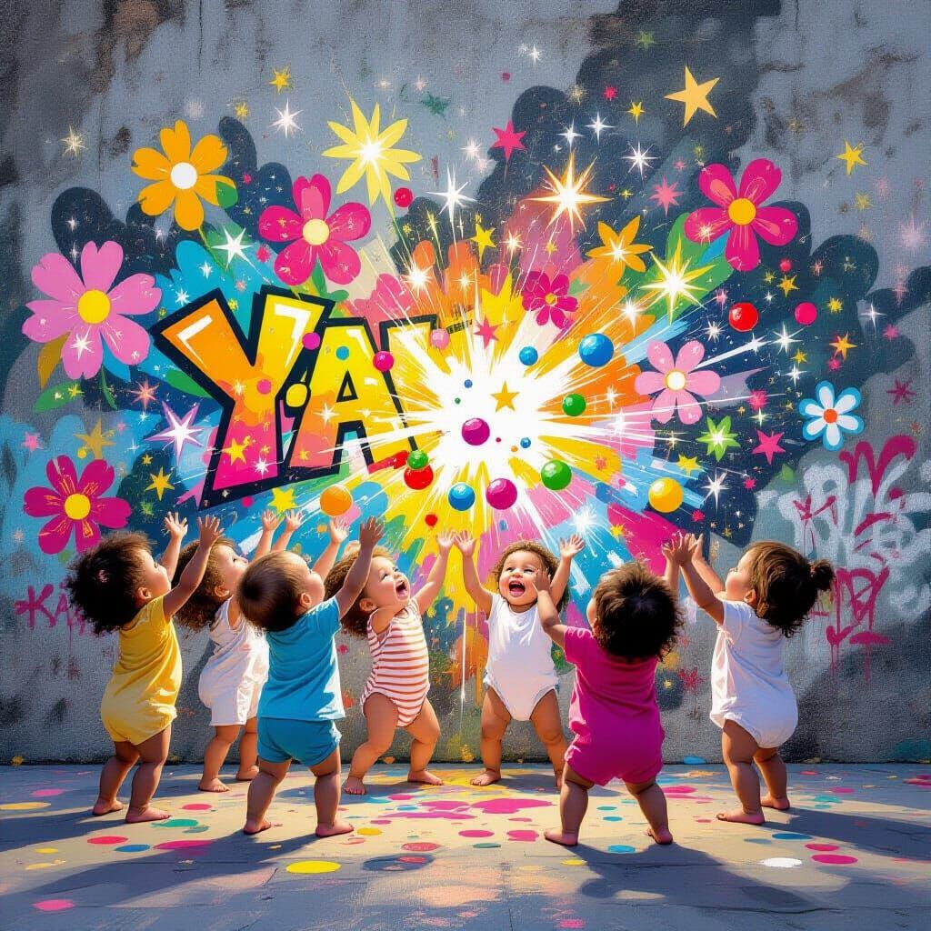 Joyful Babies Throw Paint at Graffiti Wall