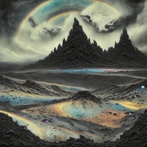 <lora:Beauty of landscape:1.0> Black macabre barren landscape at night, dark clouds, hills, rocks, dark blue, blue and black, swirling glitt...