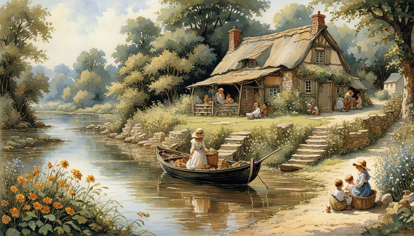 Idyllic Summer Riverside Scene in Watercolor Style