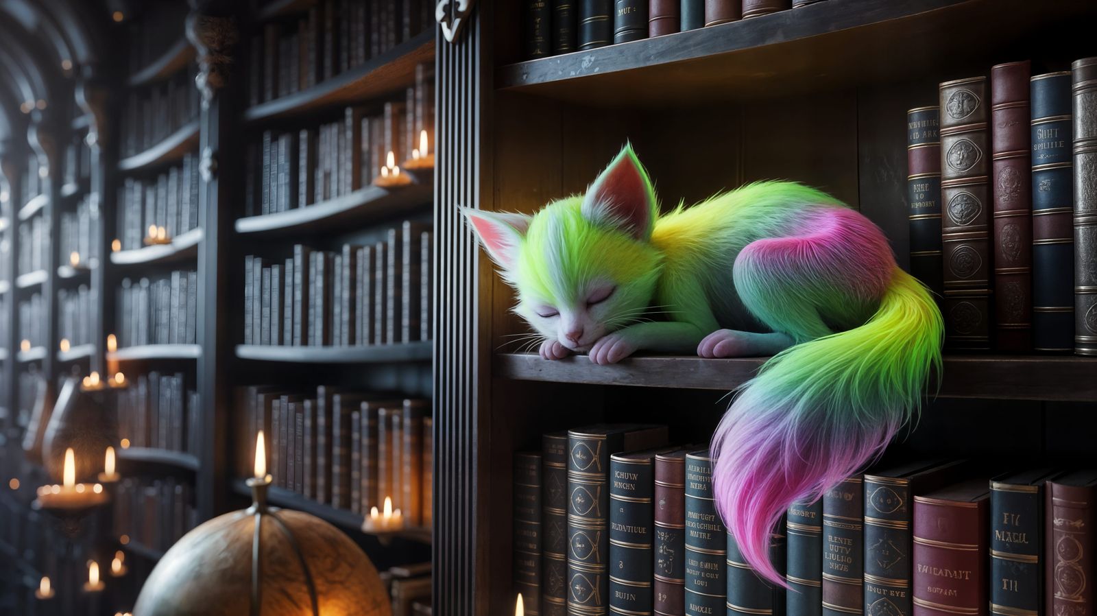 Enchanted Creature Asleep in Whimsical Library