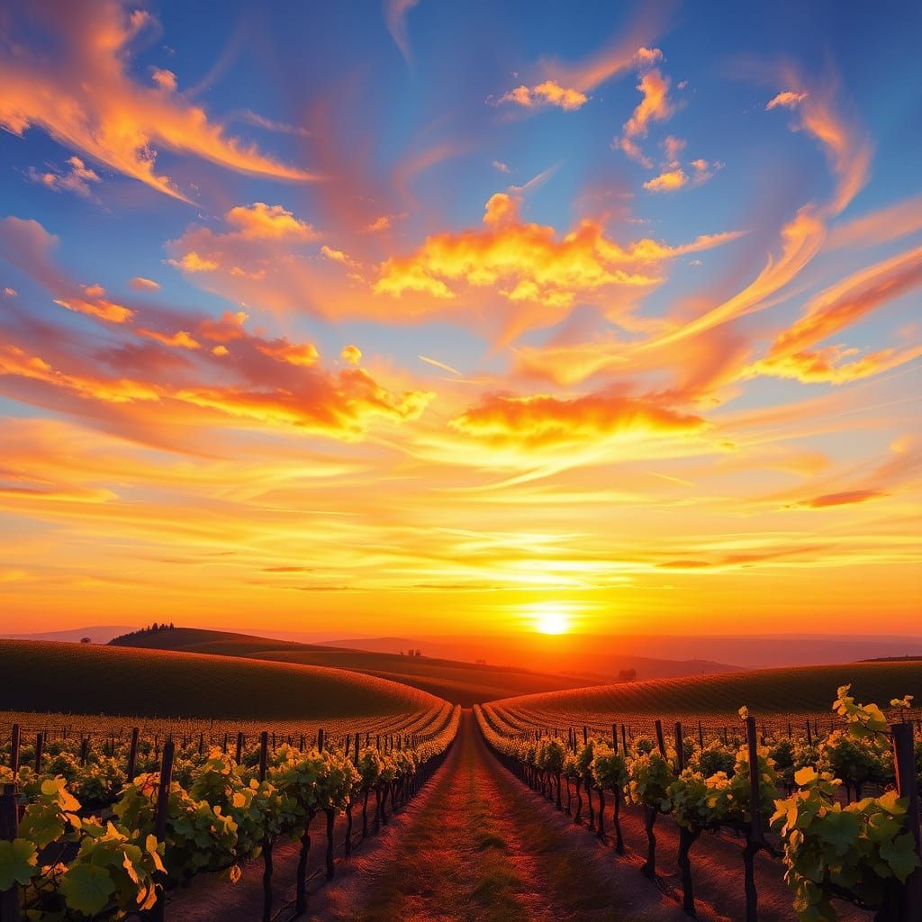 French Vineyard Sunrise in Impressionist Style