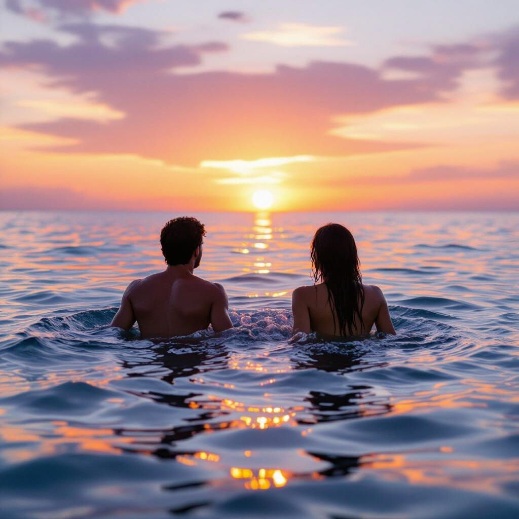 Serene Sunset Emergence From Ocean in Painterly Style