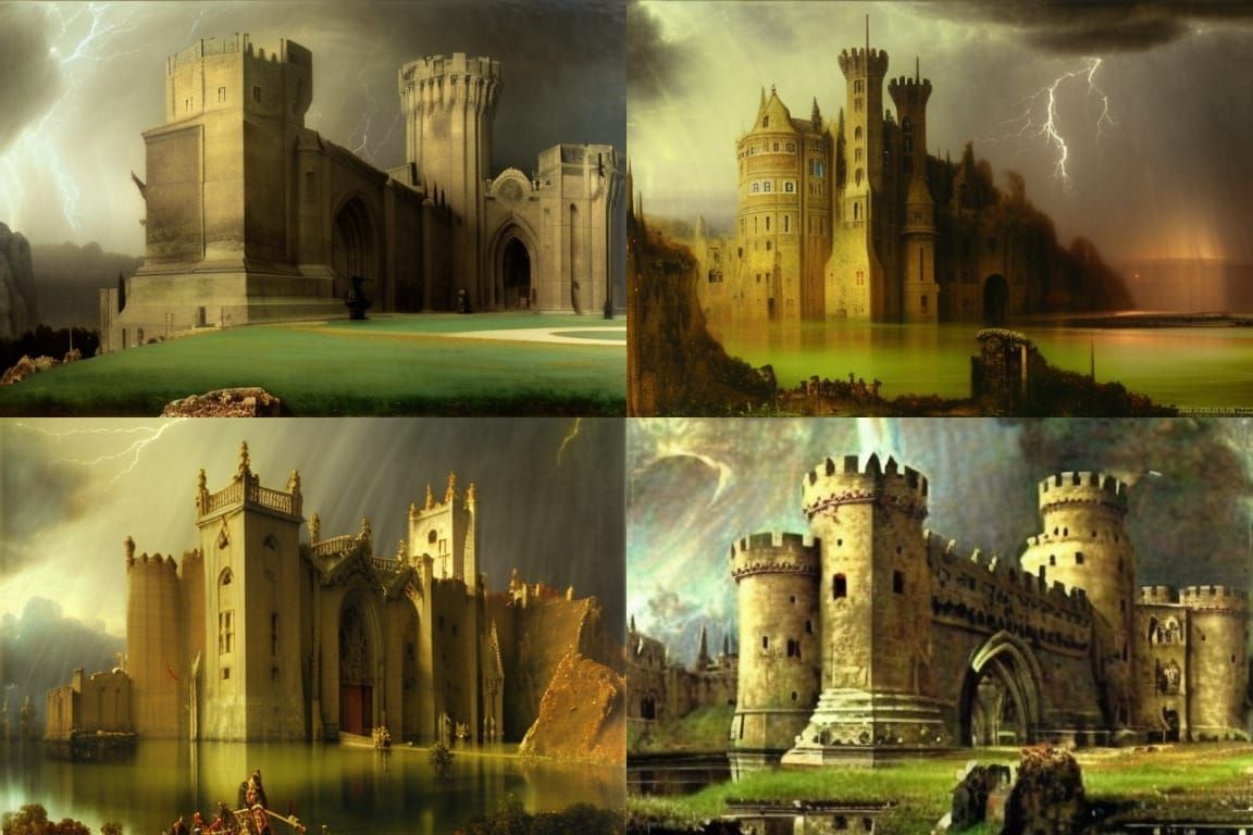 Epic colossal gothic castle, thunderstorm by Arnold Bocklin,...