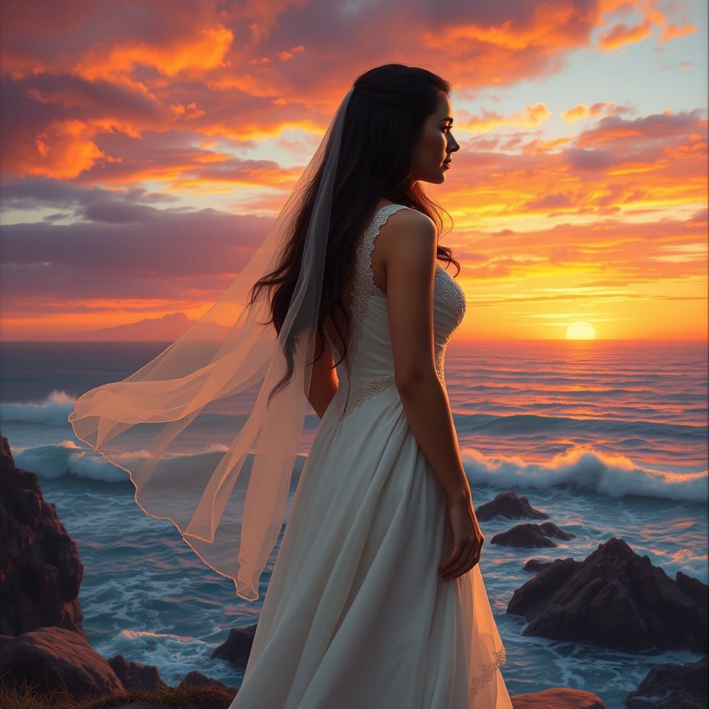 Bride on Cliff Overlooking Ocean at Sunset, Romantic Realism...