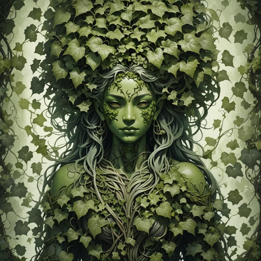 A deity of nature with green skin and hair made of ivy
