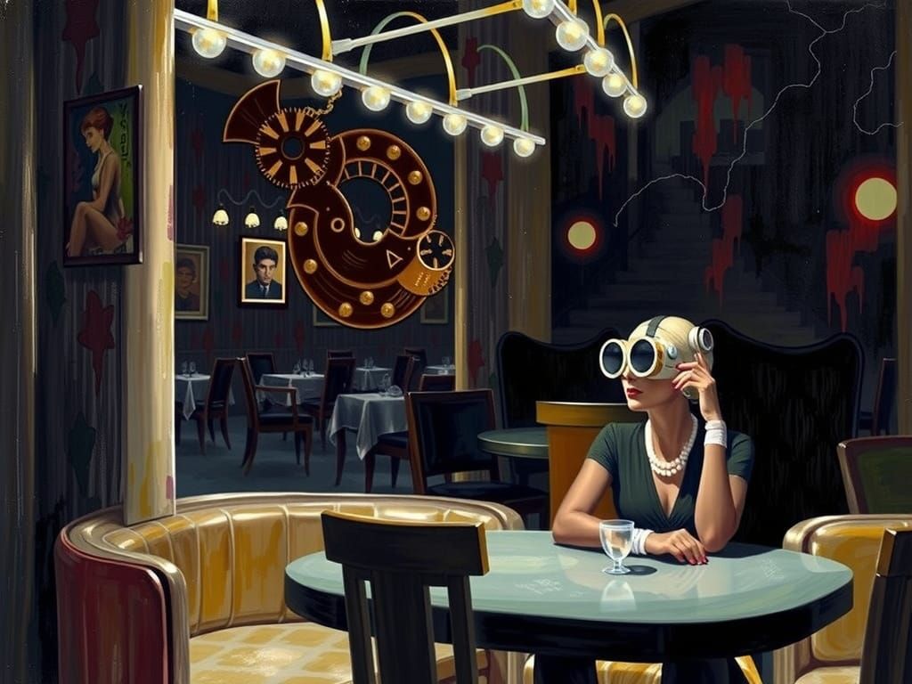 Steampunk Woman in 1930s Restaurant, Edward Hopper Style