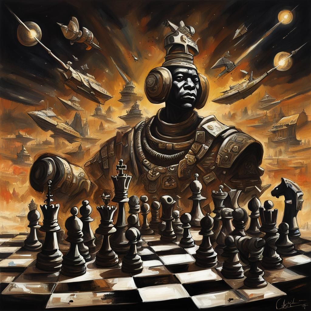 Chess Pieces at War in Afrofuturism Style