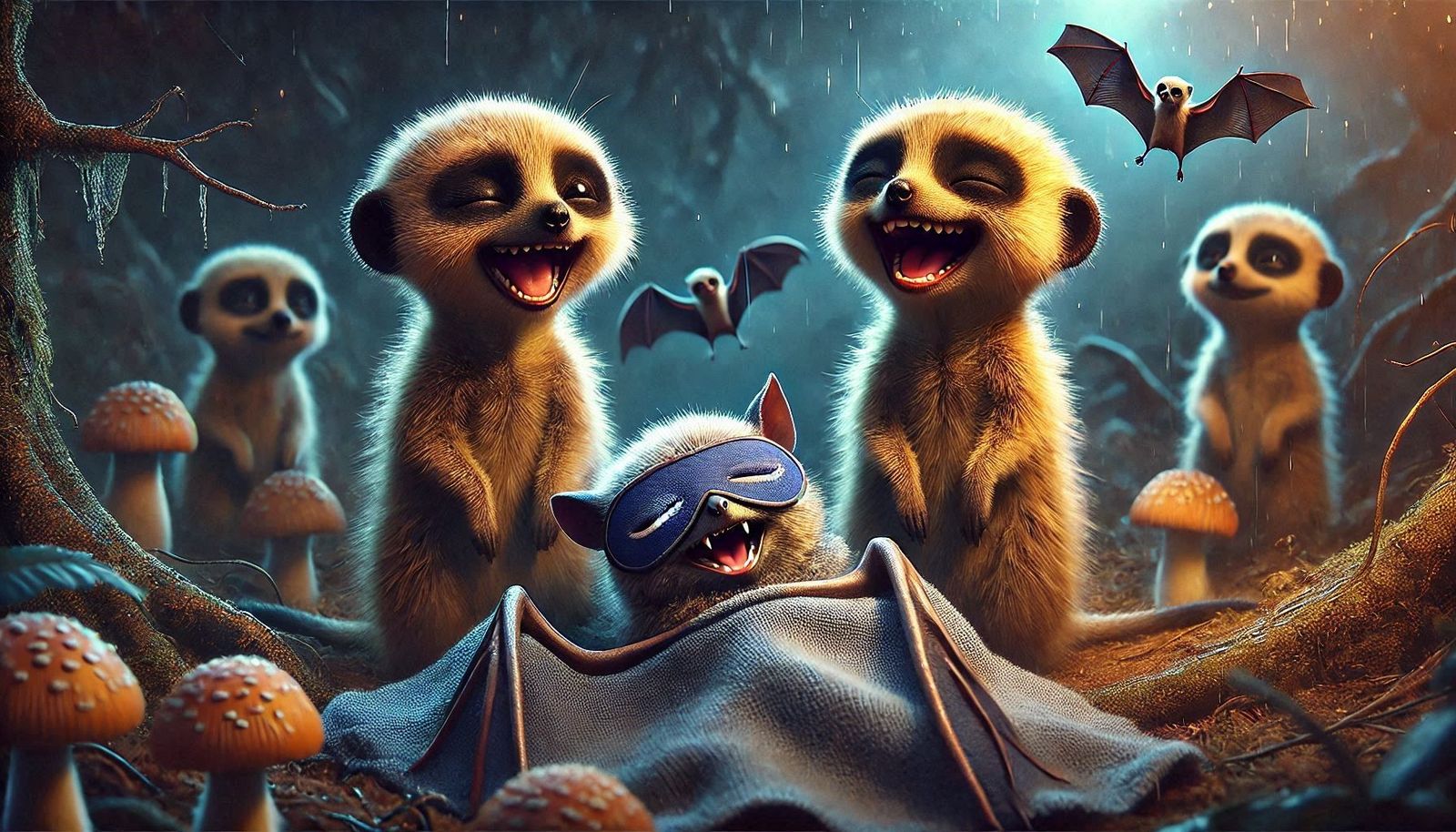 Lachende Erdmännchen und Fledermaus