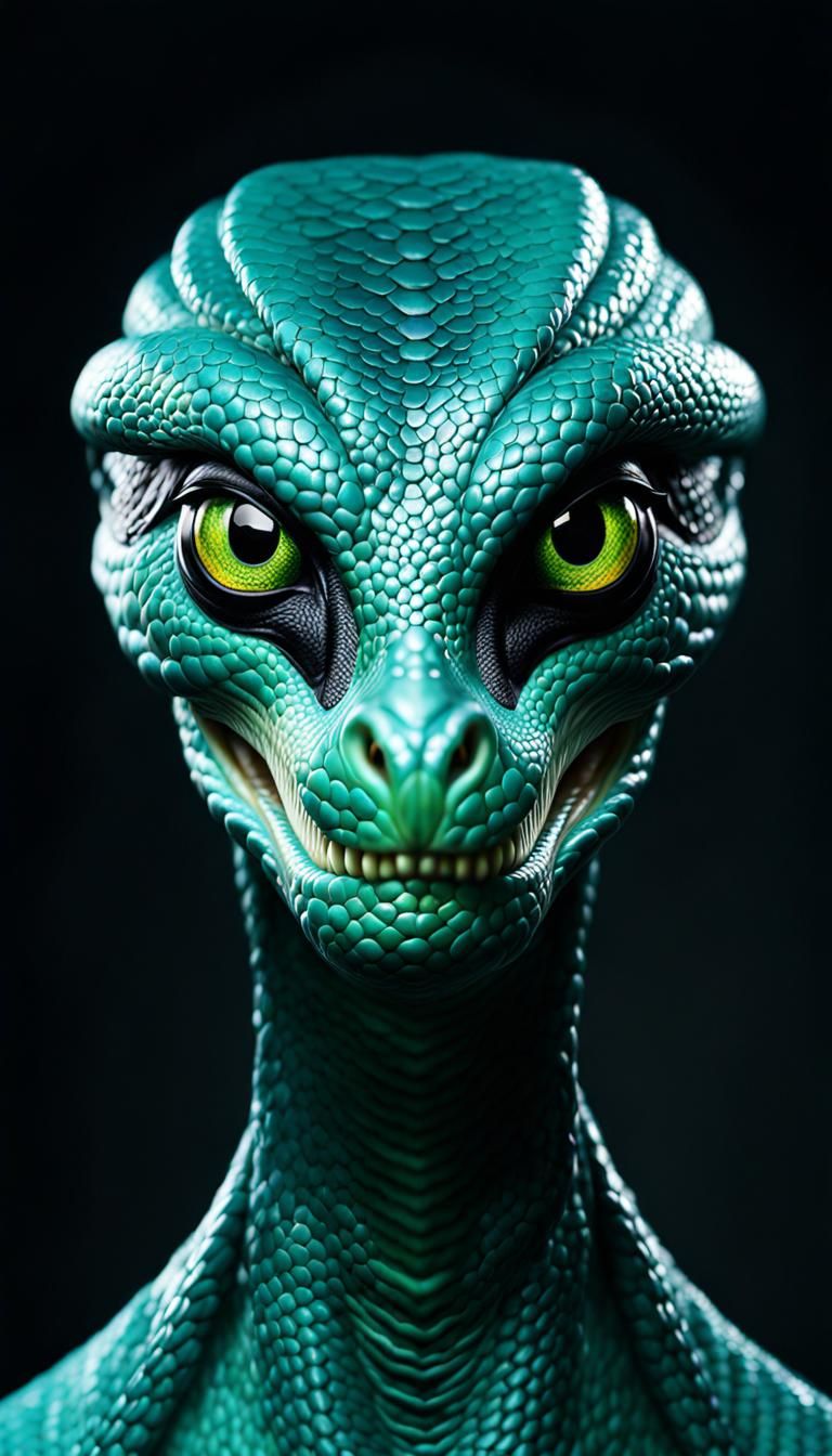 Alien with large eyes, bluish green skin, pointy faces, cold...