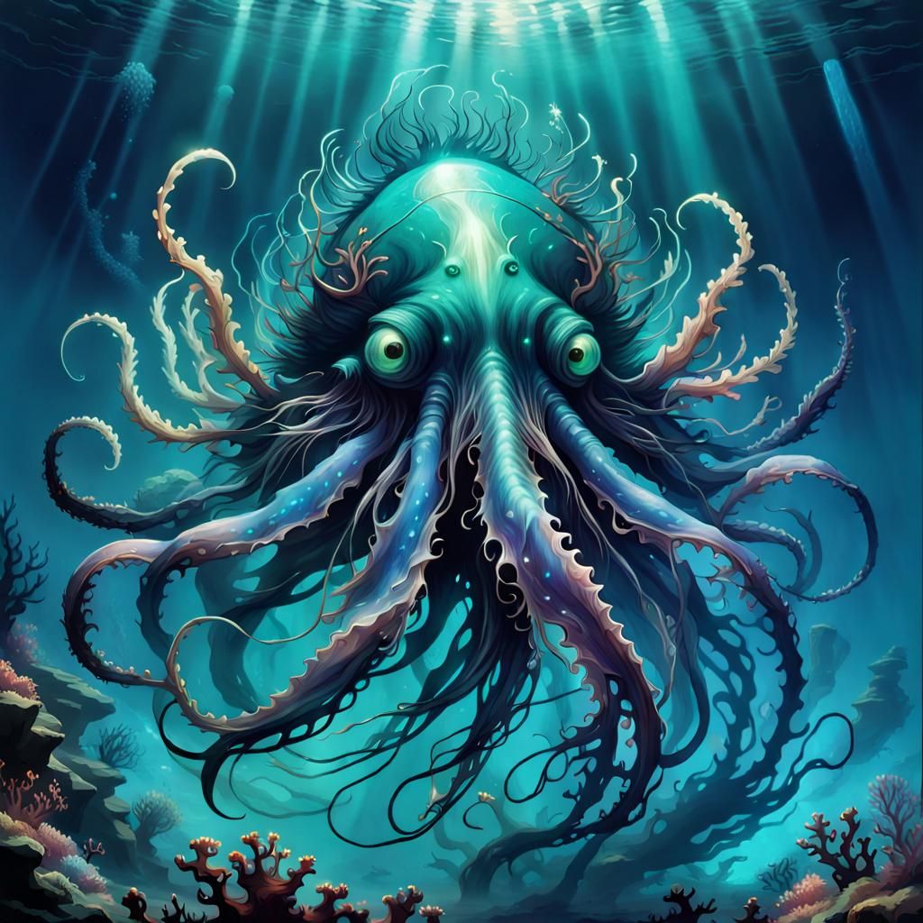 Oracle of the abyss, a deep-sea creature with luminescent tendrils; its ...