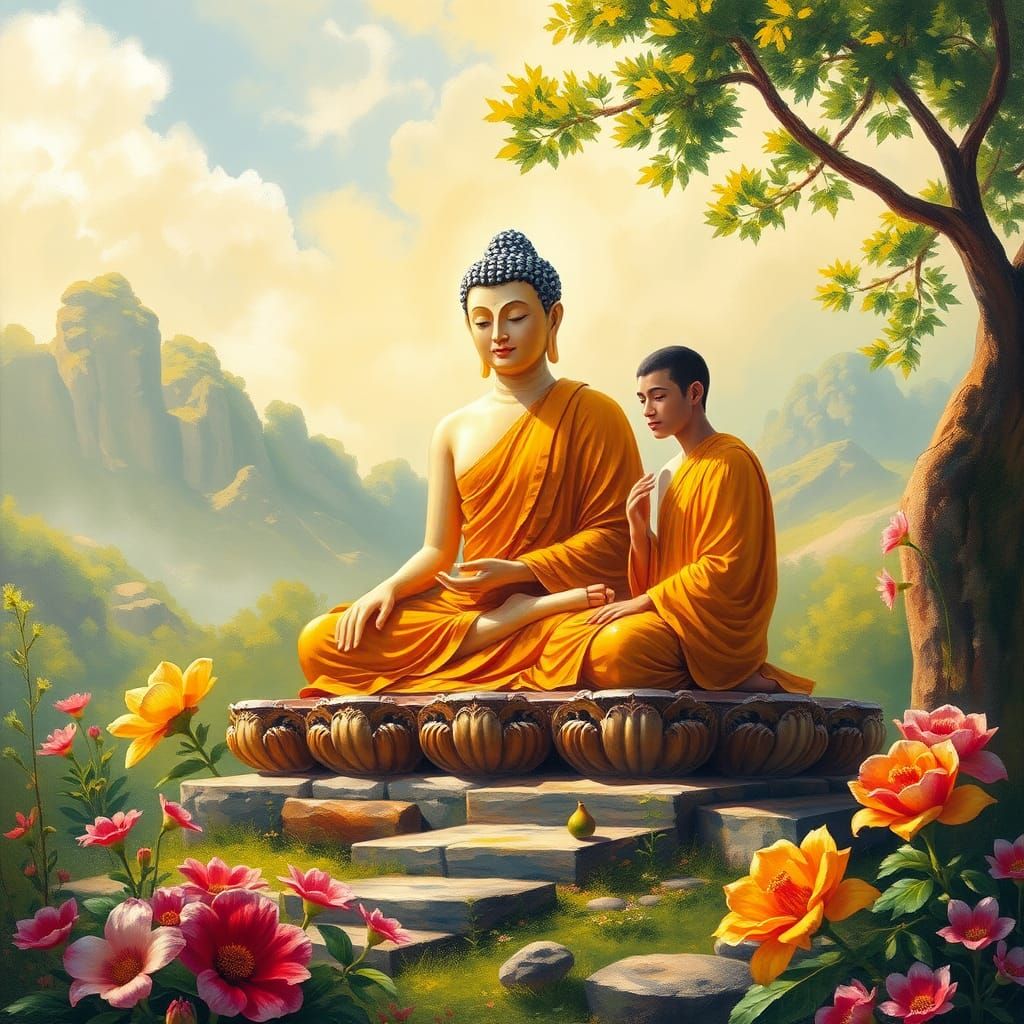 Buddha Teaching Subhuti in Neo-Impressionist Style