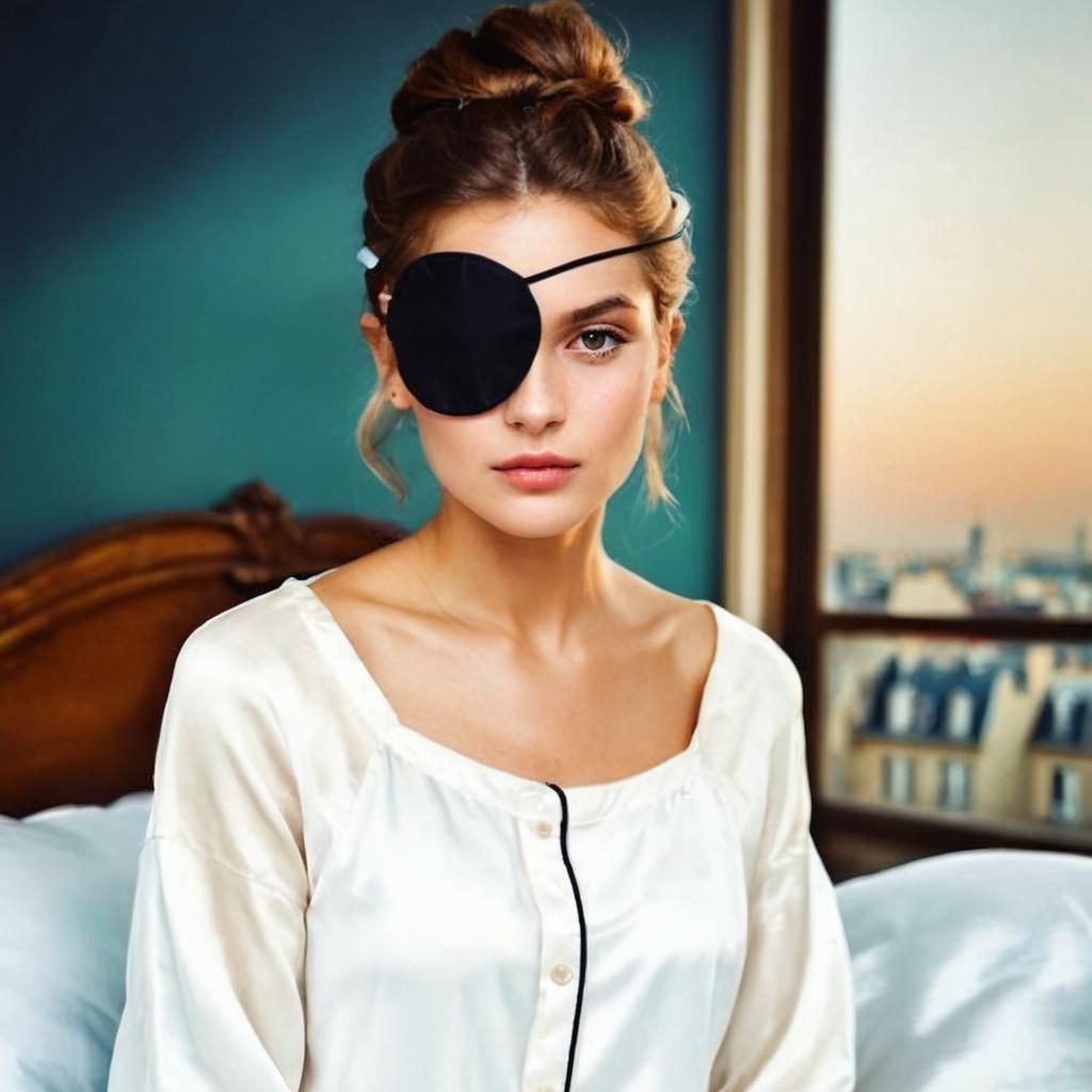 Young French woman wearing white silk pyjama's and black eyepatch sitting in her Parisiene bedroom