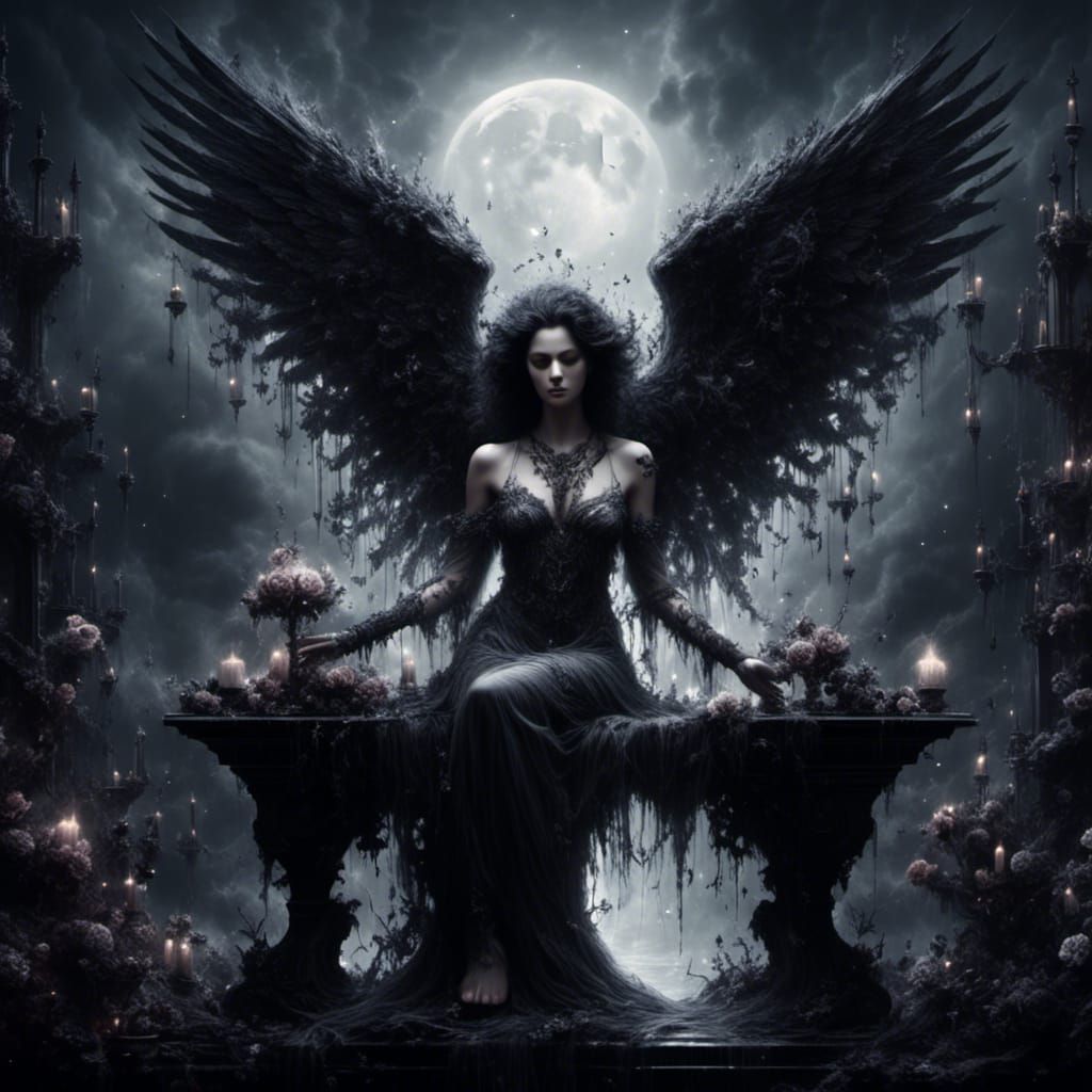 Ethereal Dark Angel in Moonlit Garden
