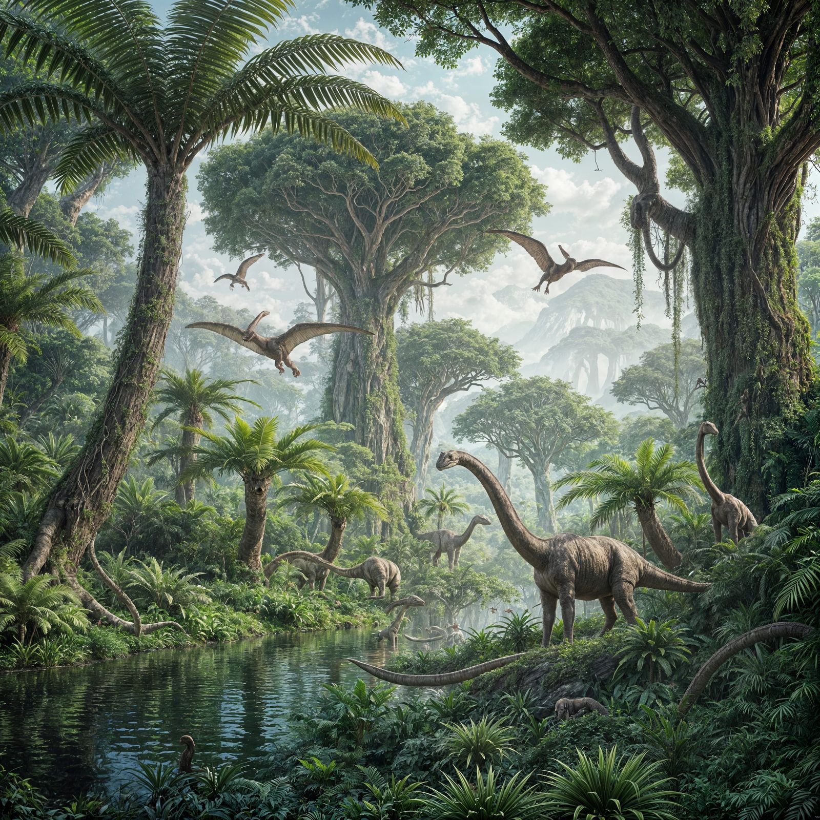 A lush Jurassic forest teeming with life, featuring towering ferns, giant trees, and a winding river. ...  by @Octoperth 