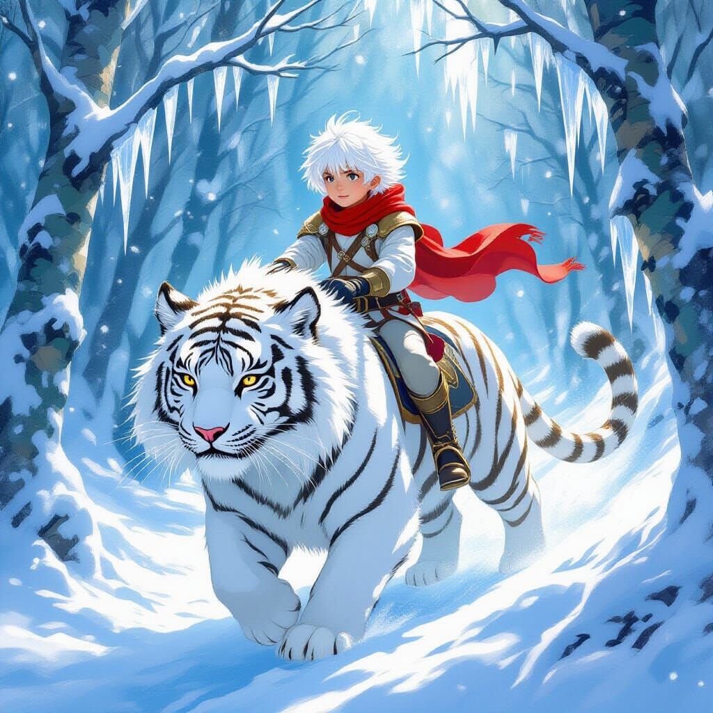 Boy Rides White Tiger Through Snowy Forest in Fantasy Style