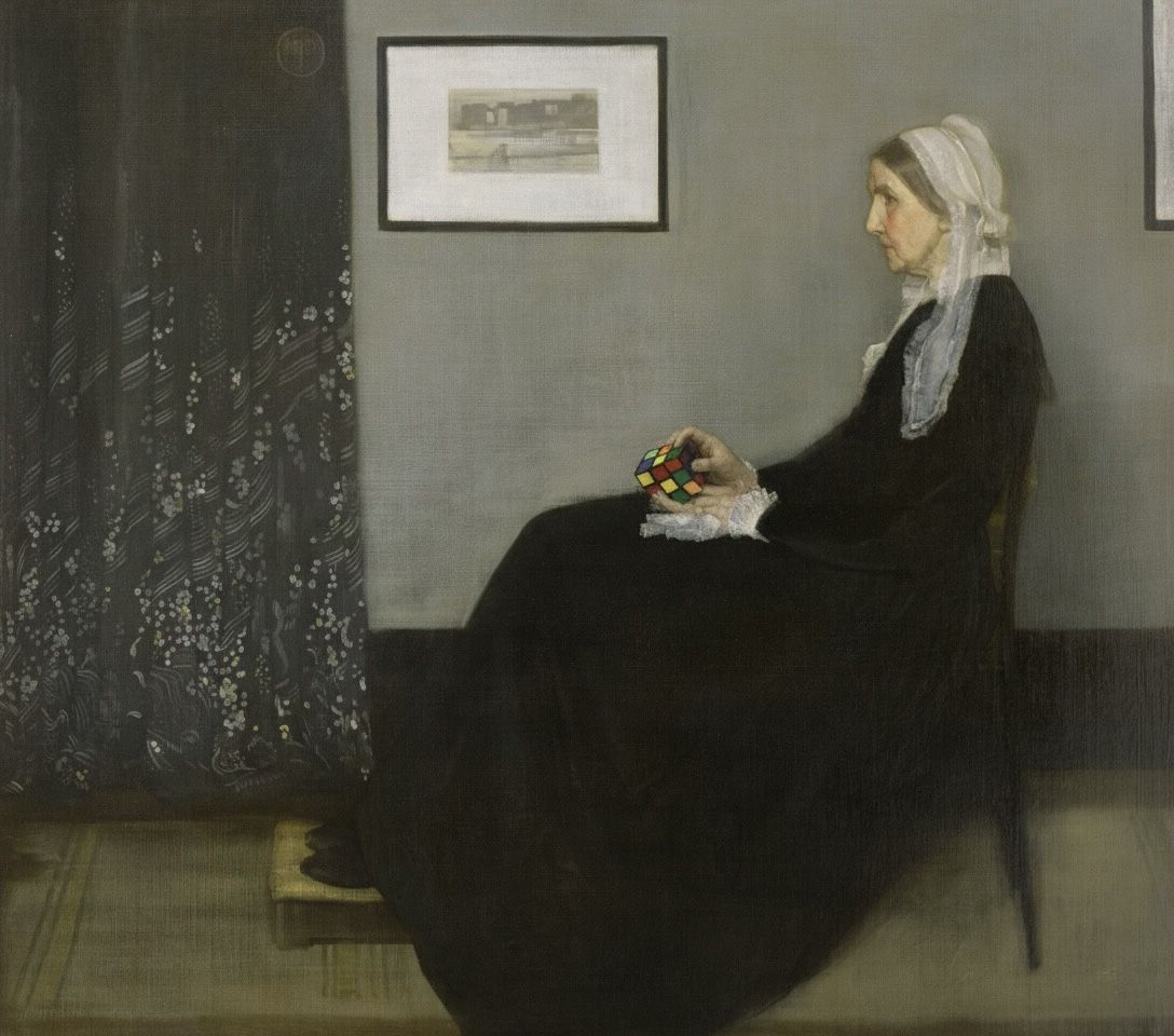 Whistler's Mother having fun doing a Rubik’s Cube.