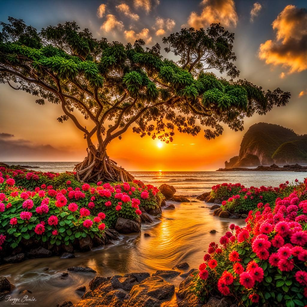 Island Sunrise: Hyperrealistic Art Photography