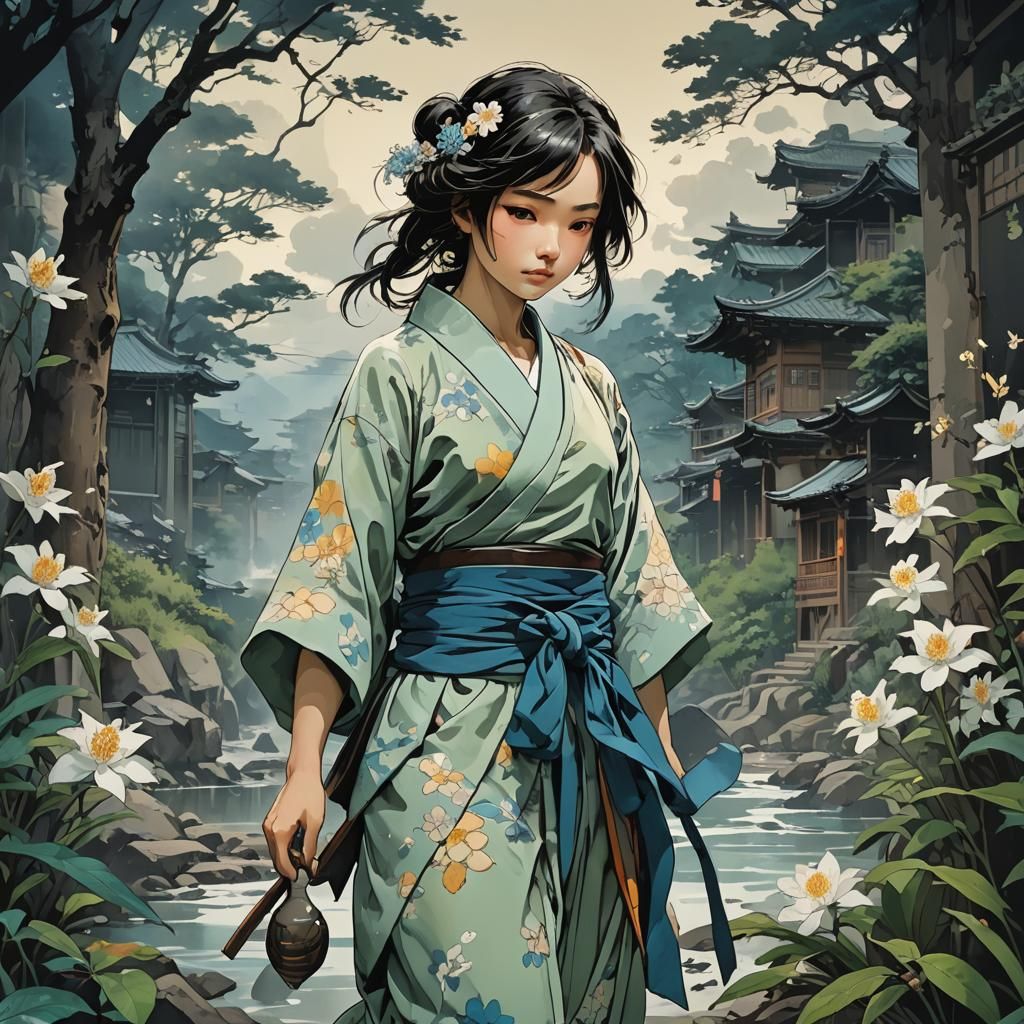 Ukiyo-e as painted by (Moebius:1.2) (Makoto Shinkai:1.5) (Gustave Courbet:1.3) (Jasmine Becket-Griffith:1.8) (Yoji Shinkawa:1.8) (Peter Paul...