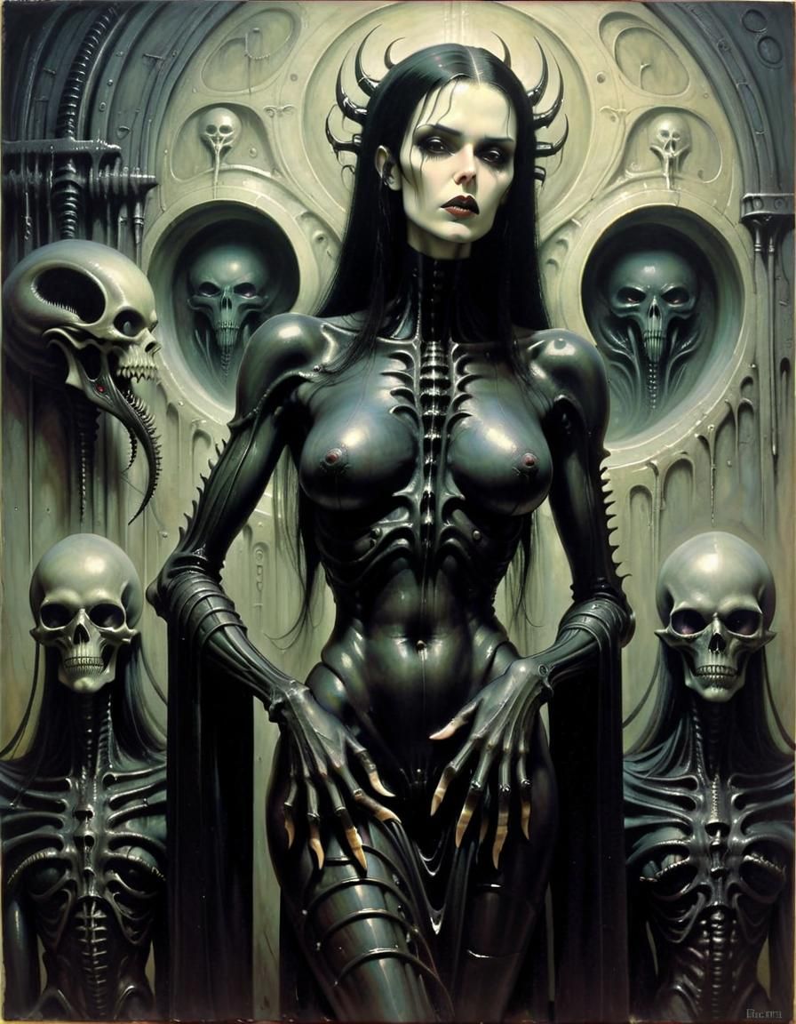 Eldritch H.R. Giger Gerald Brom gothic art detailed painting expressionism  by @Skye Santos