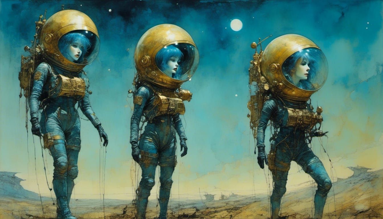 <lora:Neurographic Ink:1.0> cute blue and gold spacewomen