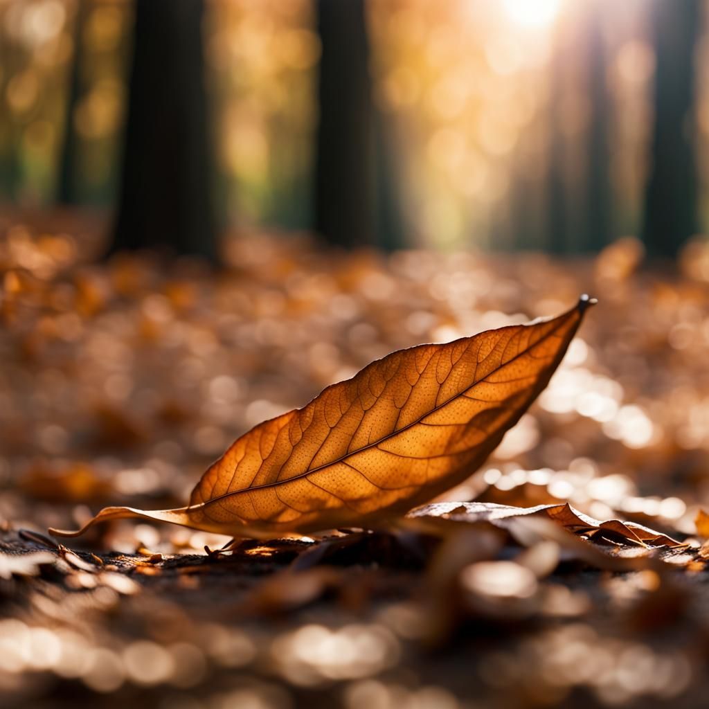 View along the length of a  brown curled leaf laying on the ground in a wood, ground view, 8k real
