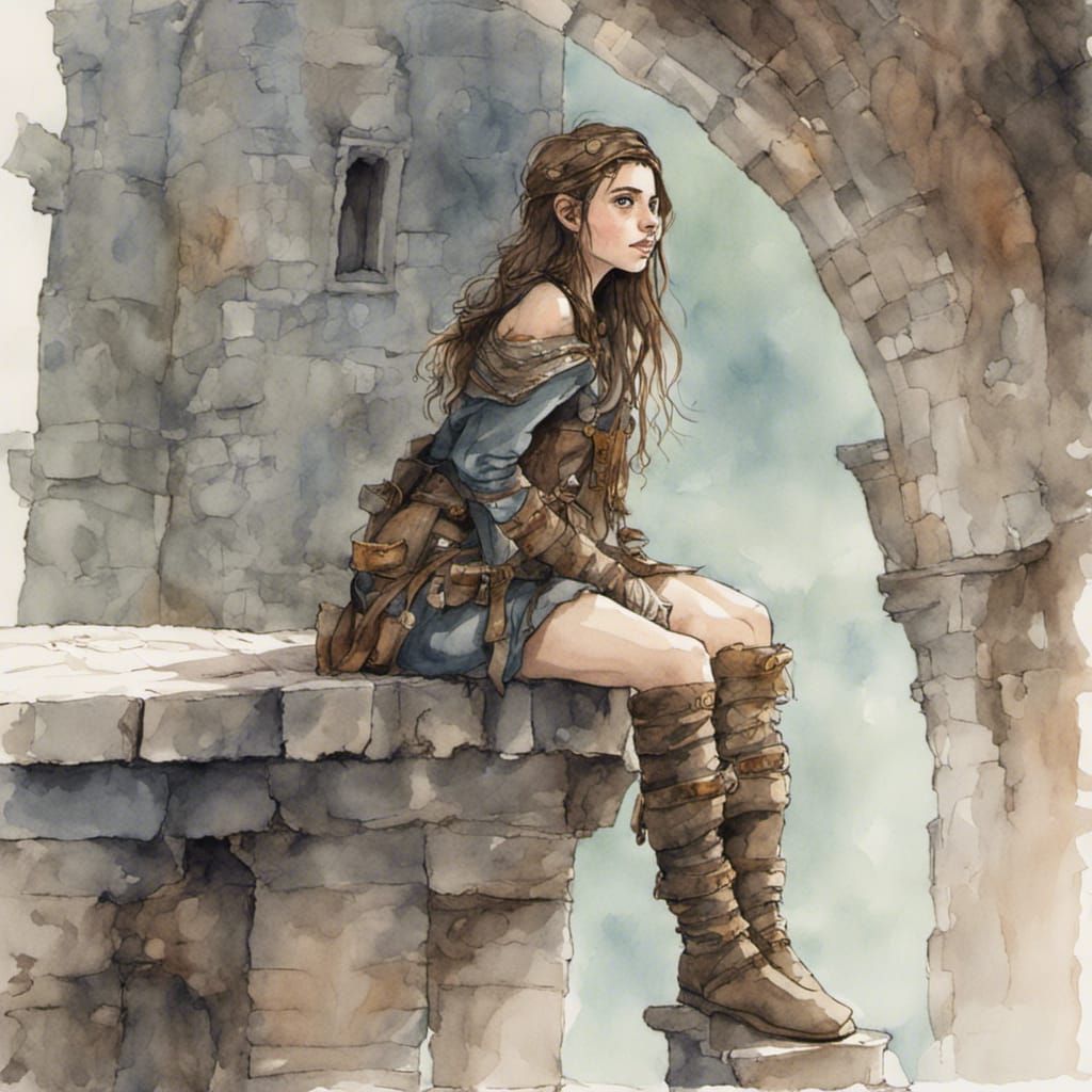 watercolor and ink of A teenage girl half-elf in adventurer ...