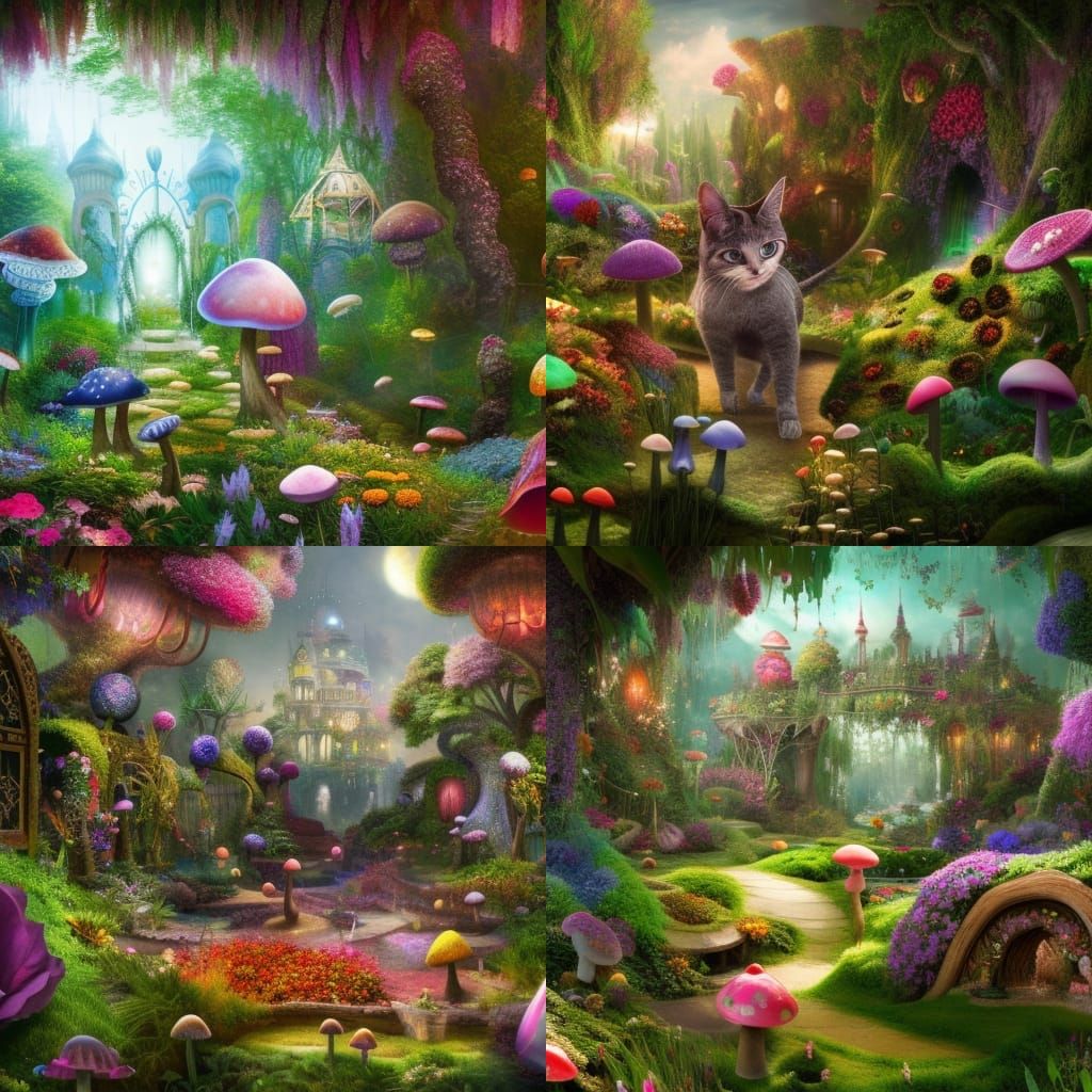 Curious cat exploring a magical garden