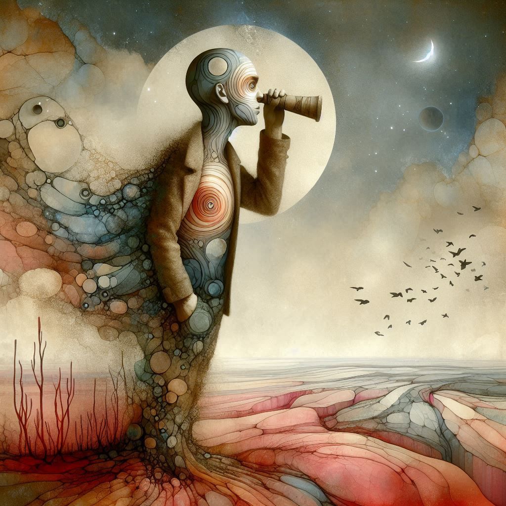 Surreal search for the empty void within. Male. Surreal, alcohol ink, faded semi transparent, hyperdetailed. Inspired by Nicoletta Ceccoli a...