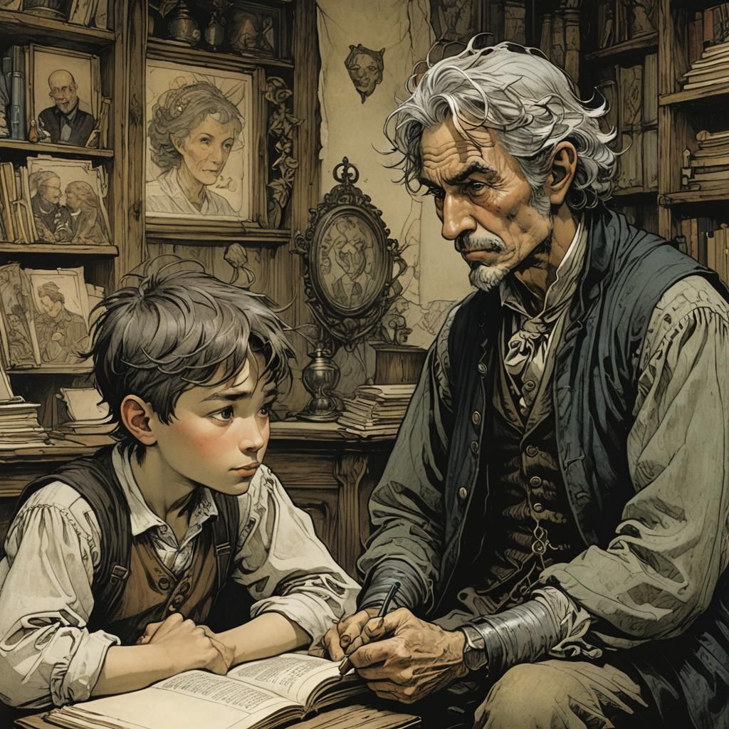 the young student listens very attentively to his old teache...