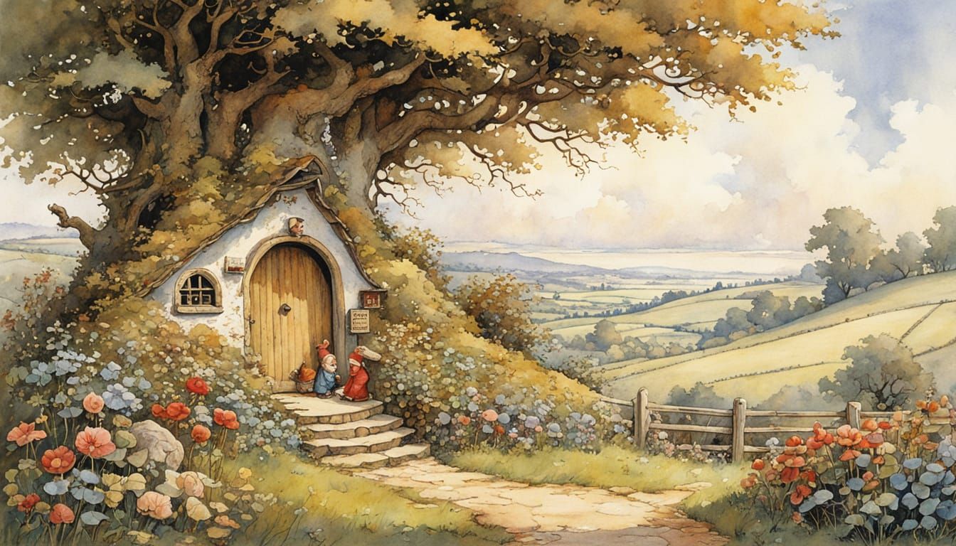 Enchanted Forest with Gnomes Storybook Illustration