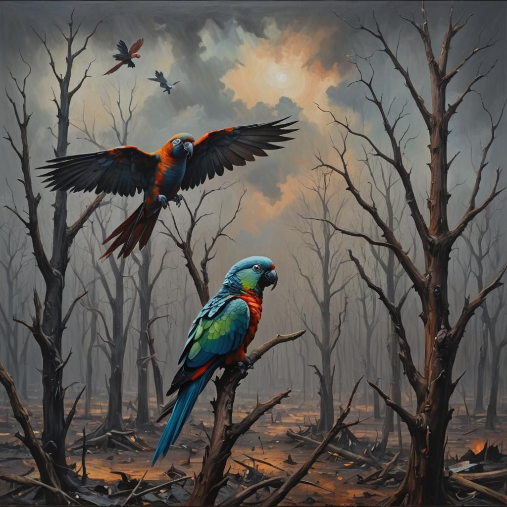 Oil on canvas: Dark, destroyed world, dead trees, destroyed ...