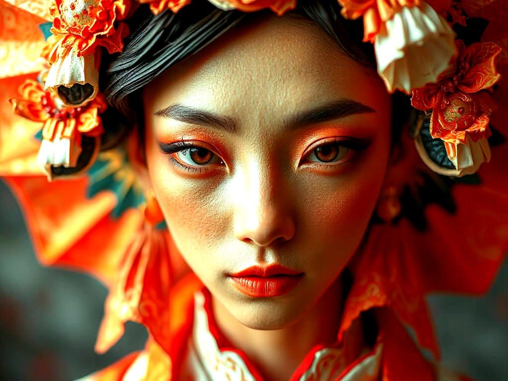 Paper Worlds maximalism Discordant Dynamic Intense Saturnine Bernini Japanese ornamental sci-fi portrait Origami paper folds papercraft, mad...