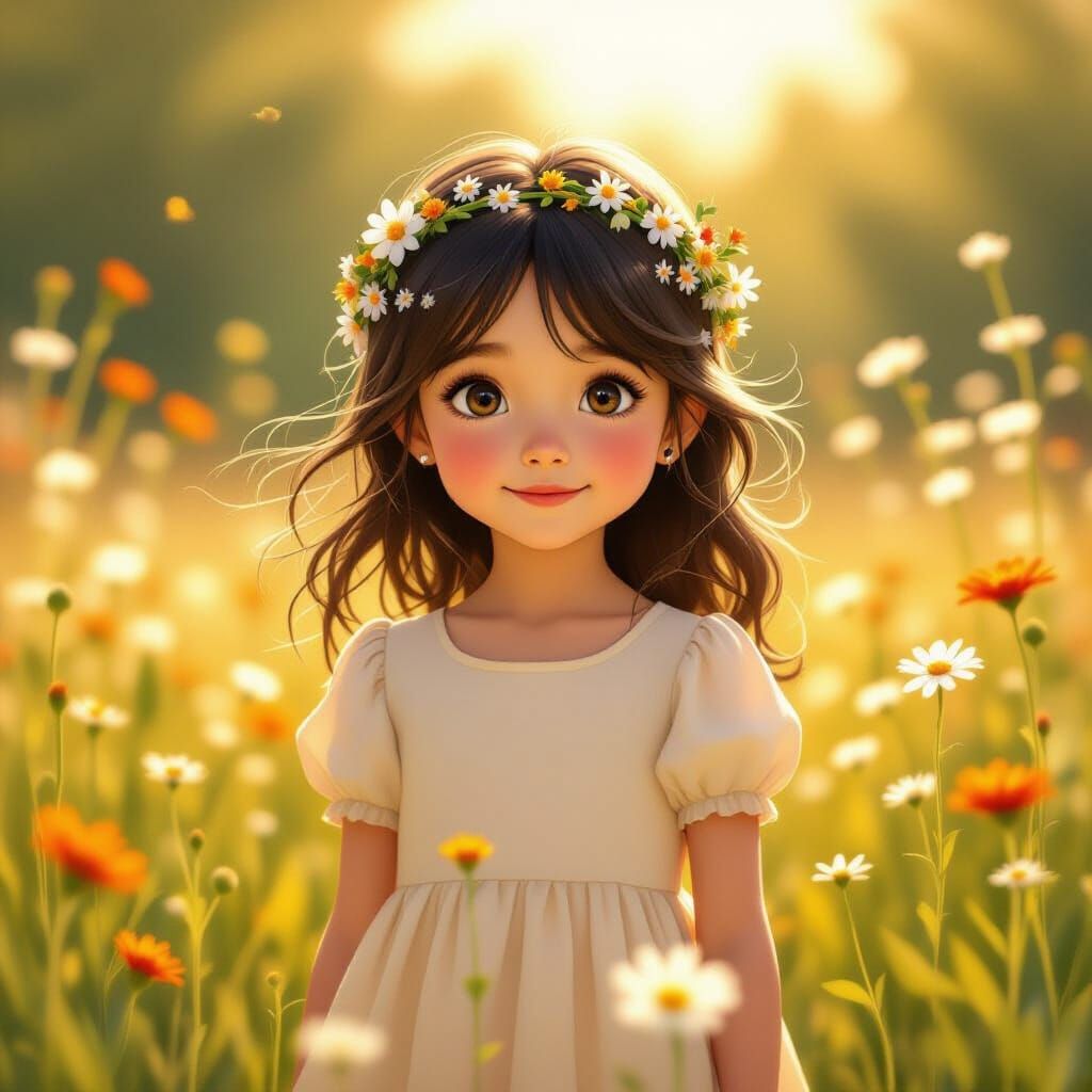 Whimsical Illustration of a Girl in a Wildflower Meadow