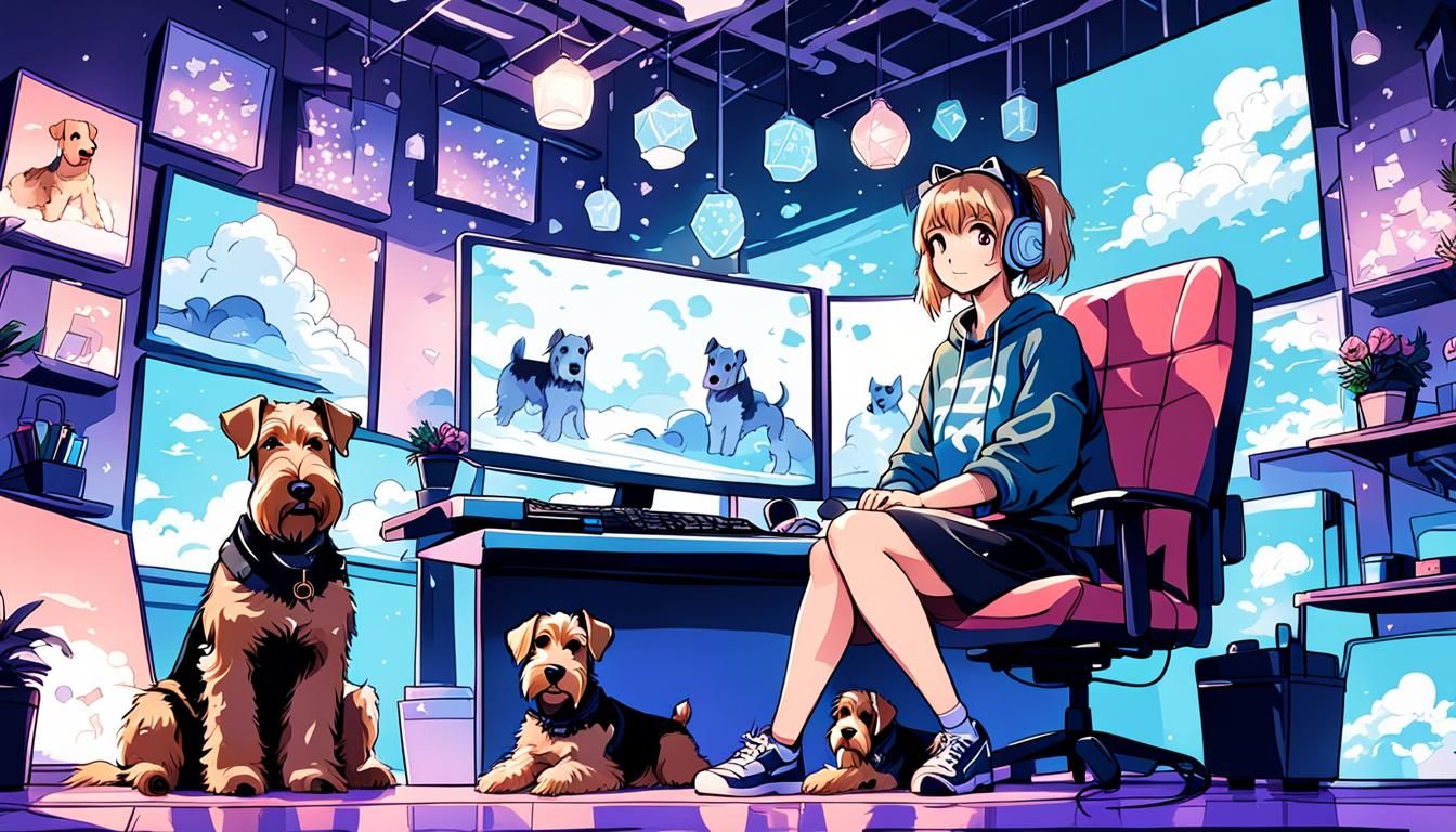 Anime Twitch Streamer with Airedale Terriers