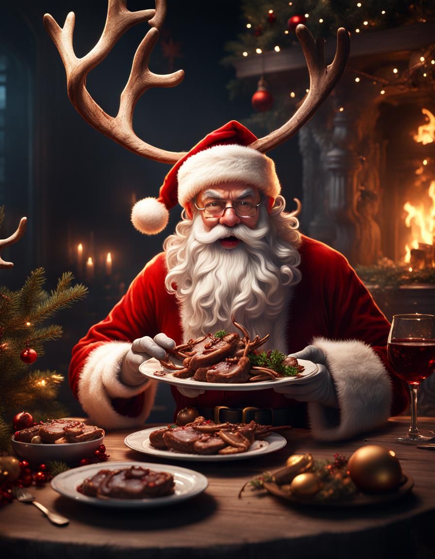 Santa Claus eating roasted reindeer on a big plate, detailed...