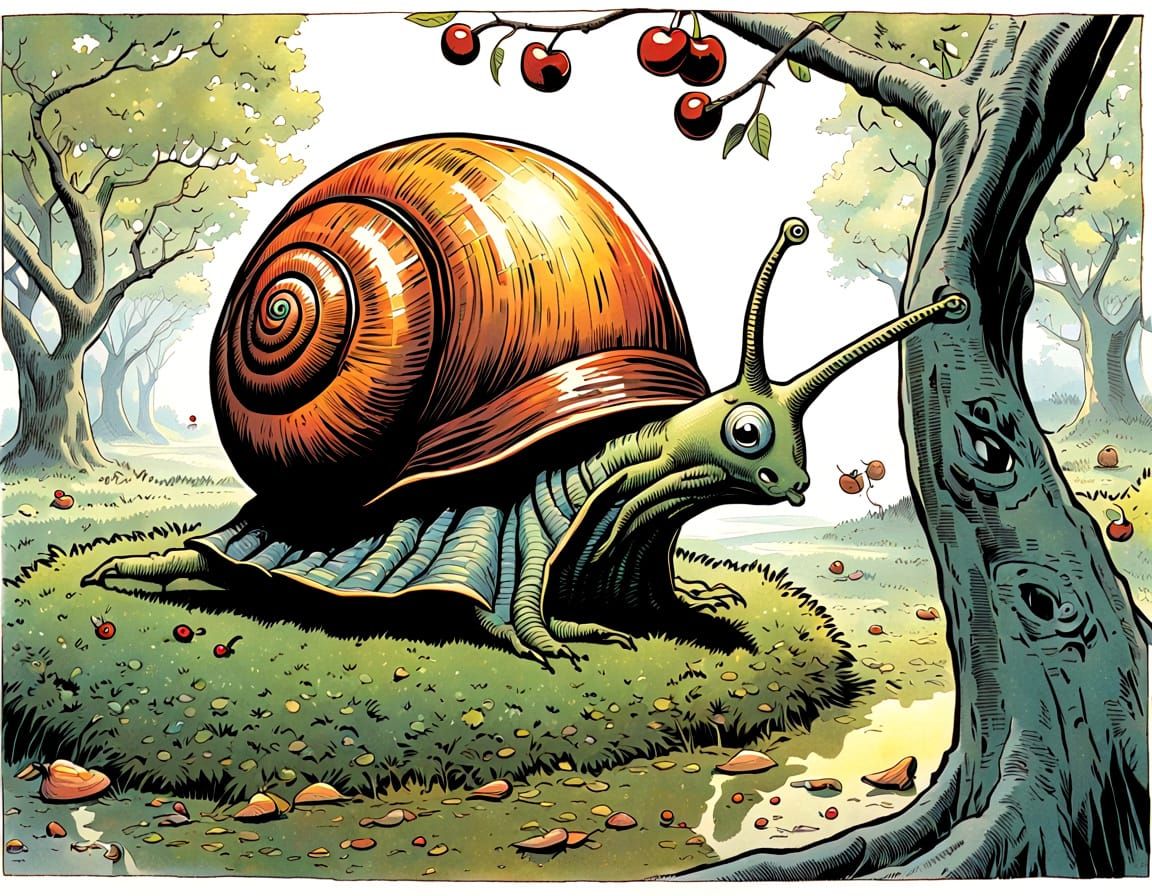 anthropomorphic curious snail with dilated pupils examines a fallen cherry tree.