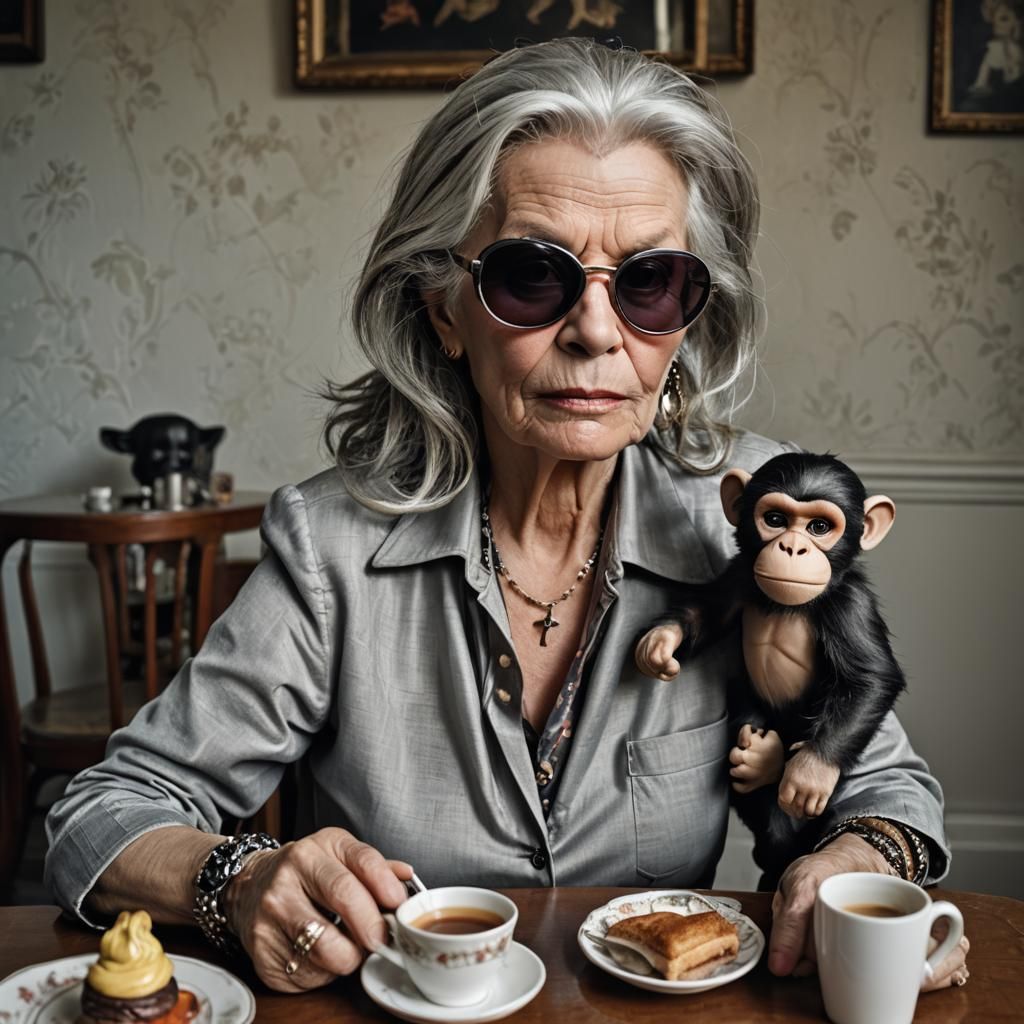 60-year-old woman drinking cafe in a home Fashionable big su...