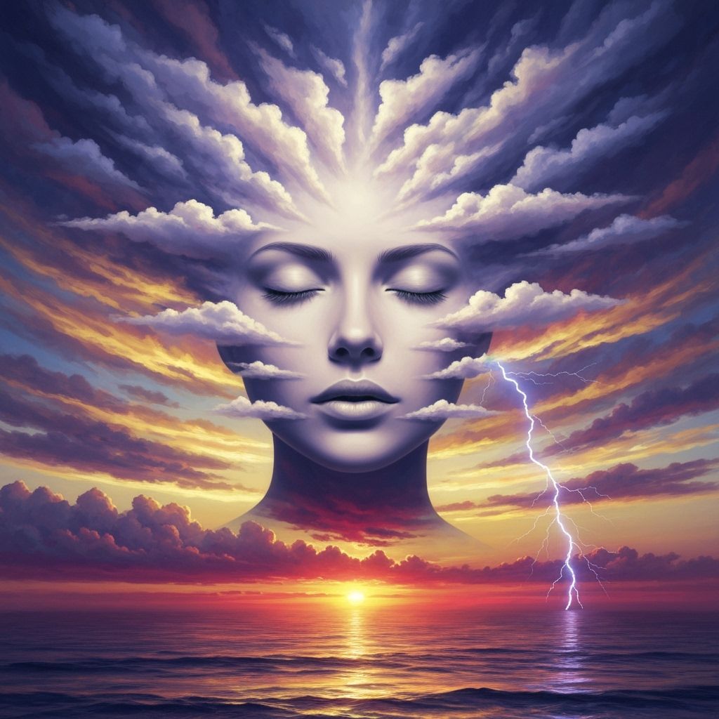 A surreal digital painting of a woman's face sculpted from drifting clouds in the sky during a sunset. Her eyes are closed, and her cloud-te...