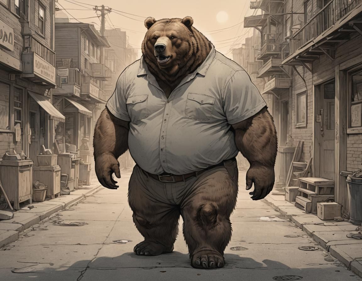 Full-body Sketch Art Portrait: Muscular Obese Grizzly Bear w...