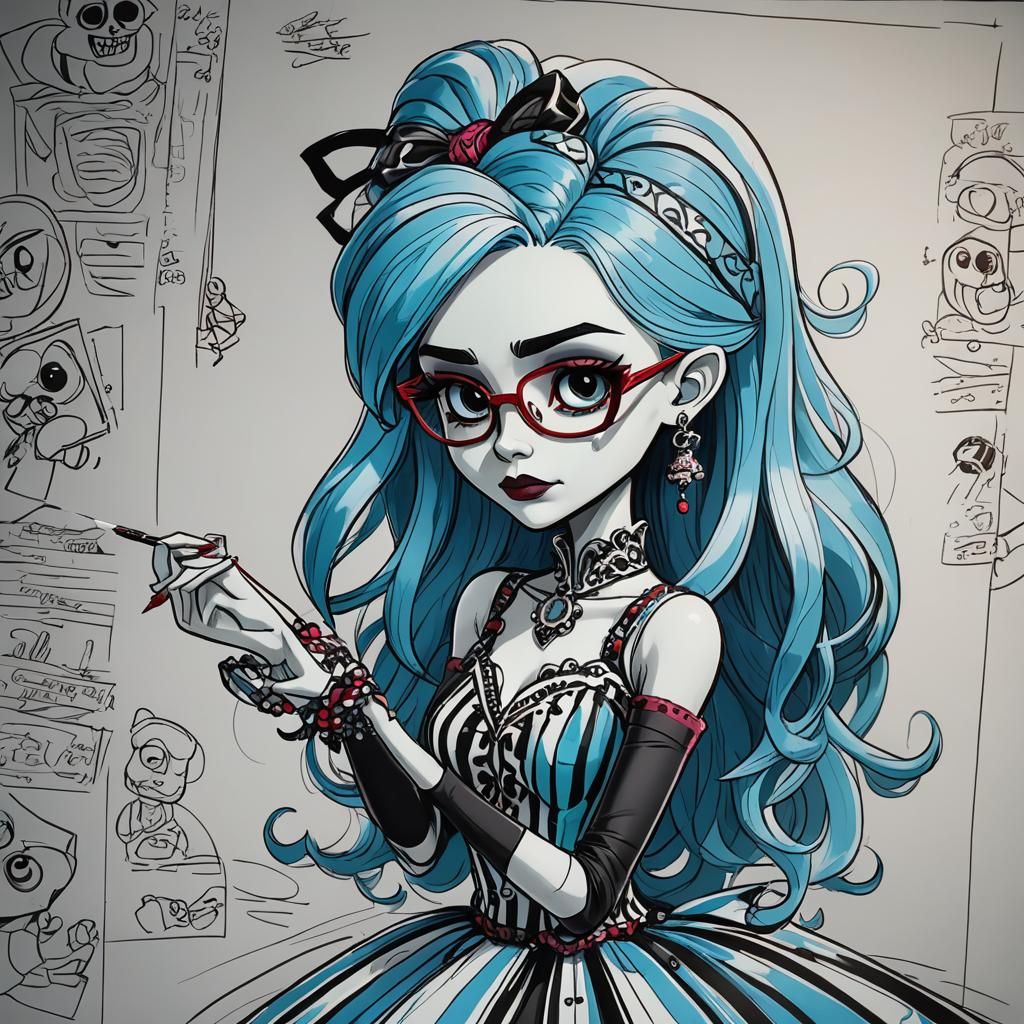Ghoulia yelps from monster high designing a dress
