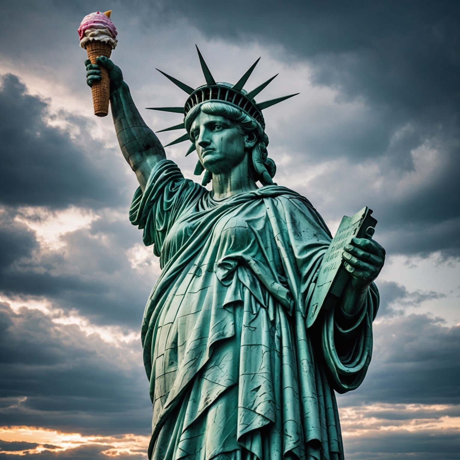 The Statue of Liberty holding up an ice cream cone