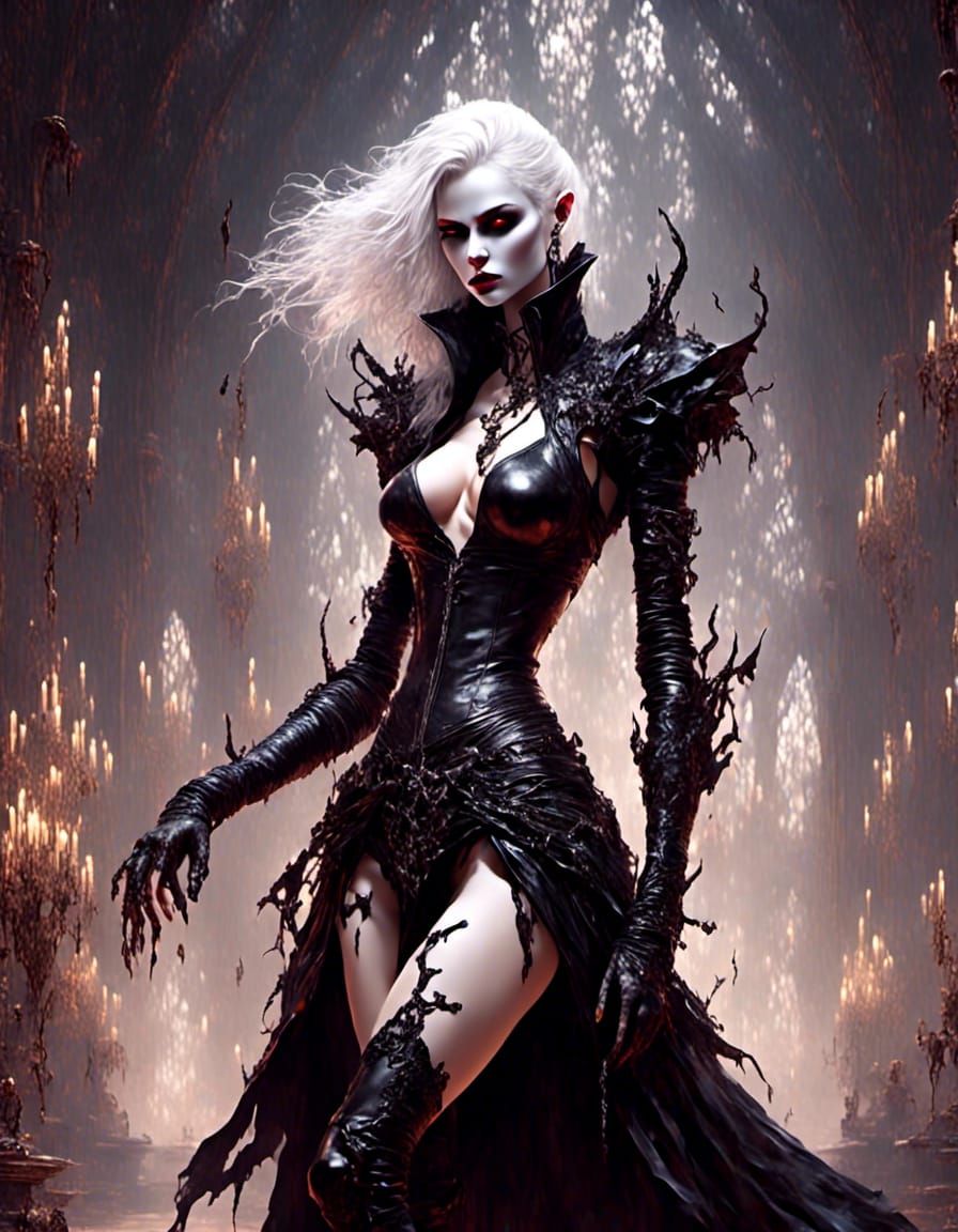 Handsome female drow albino rogue in tight leather dress! full body shot! <lora:LapiUltimate:1.0> 