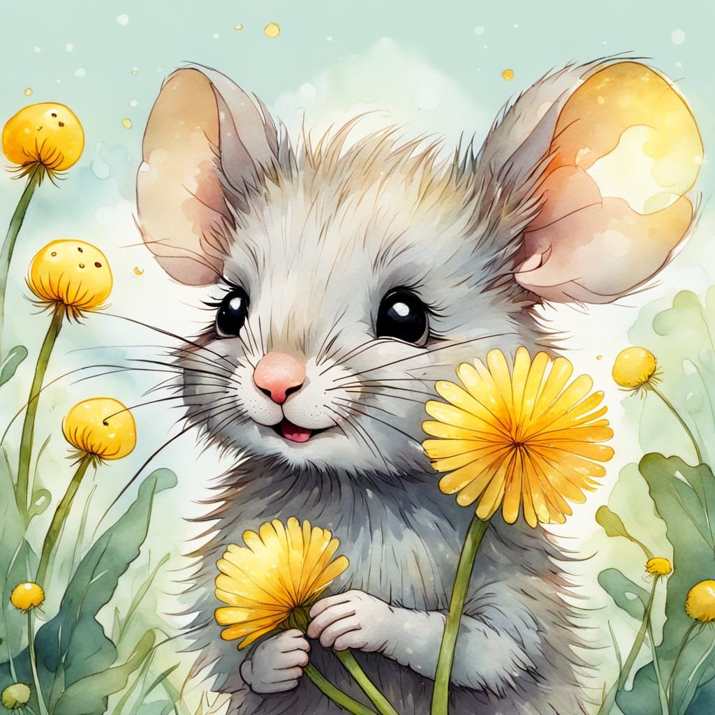 Humorous cartoon of a dandelion in flower. Behind it is a shy mouse trying to hide.  by @rrruss