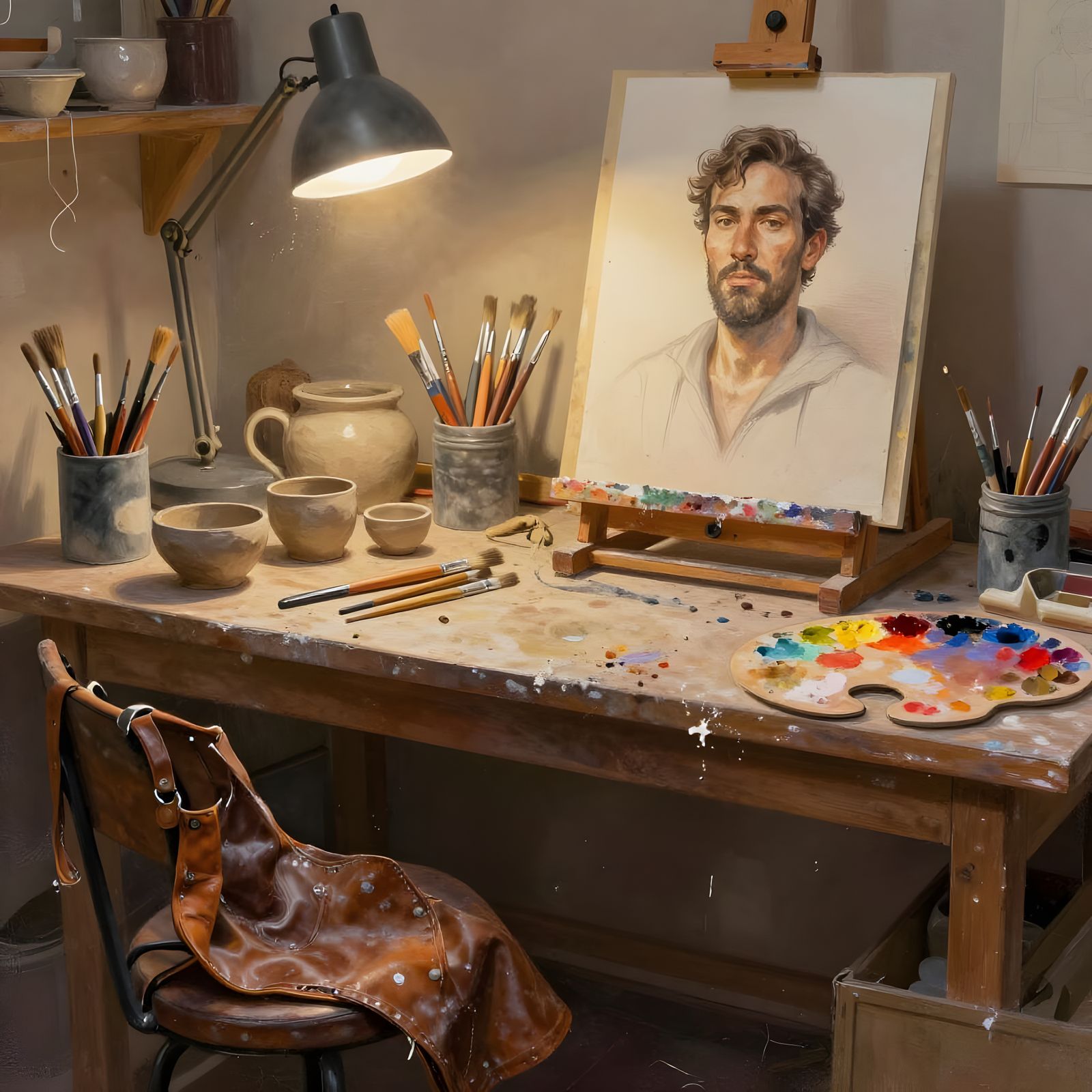 Paint Brushes and Painter's Palette Clutter an Artisan's Work Table  by @Evan Fischer