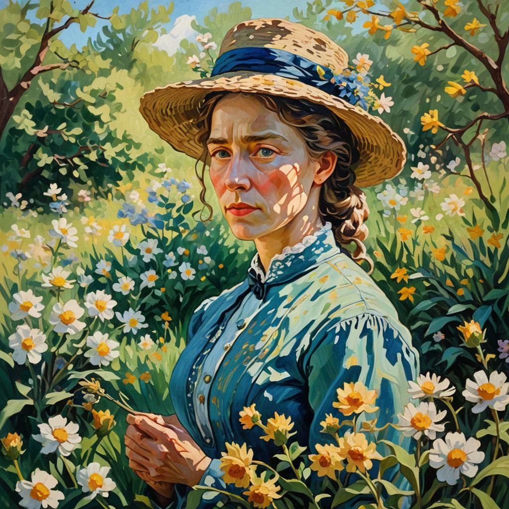 Museum Epic Impressionist Gouache. Portrait shot. A contemplative woman