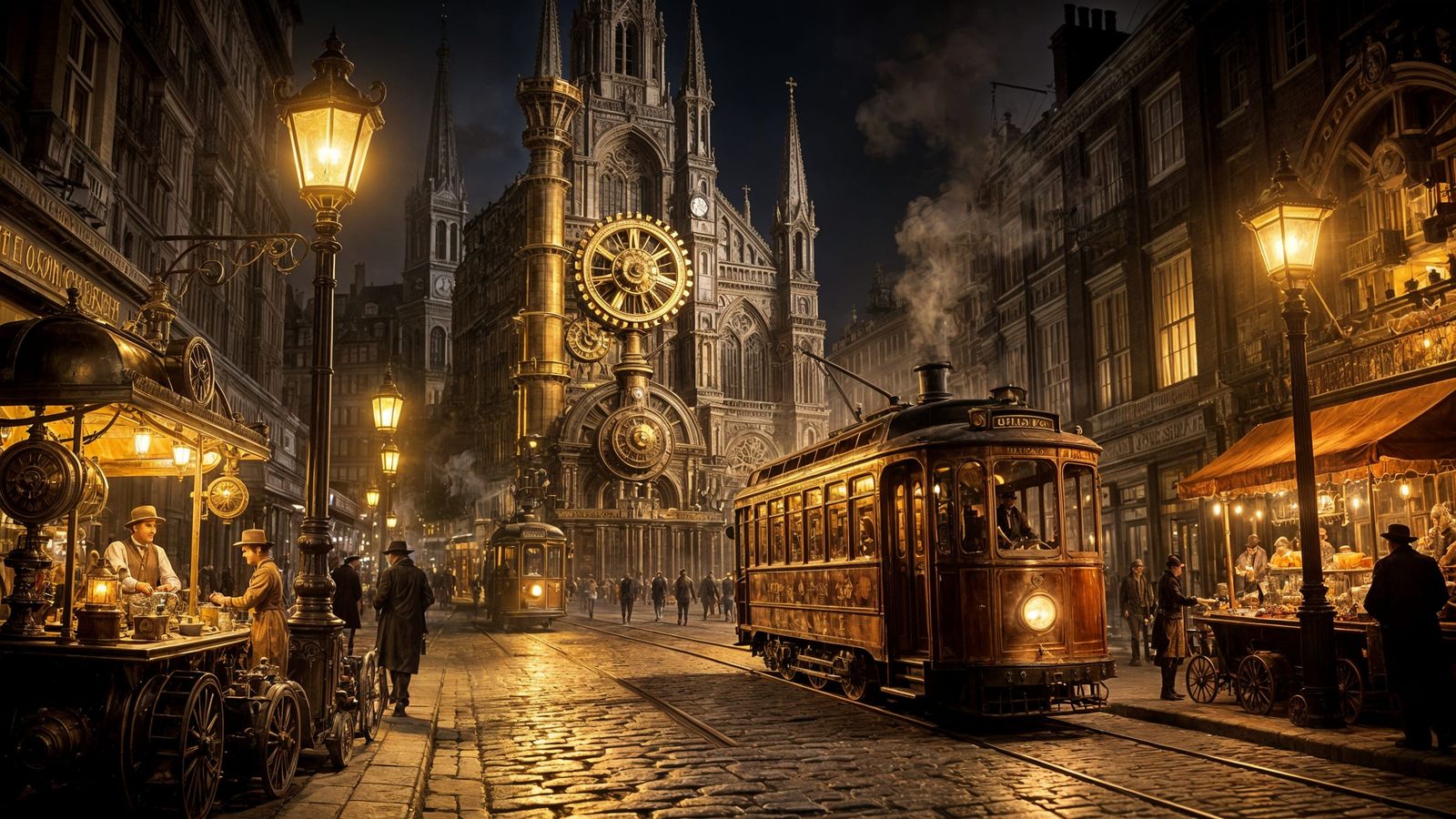 A reimagined London cobblestone street: gas lamps, steam trams, street vendors, and a mechanical cathedral ...  by @Carlos