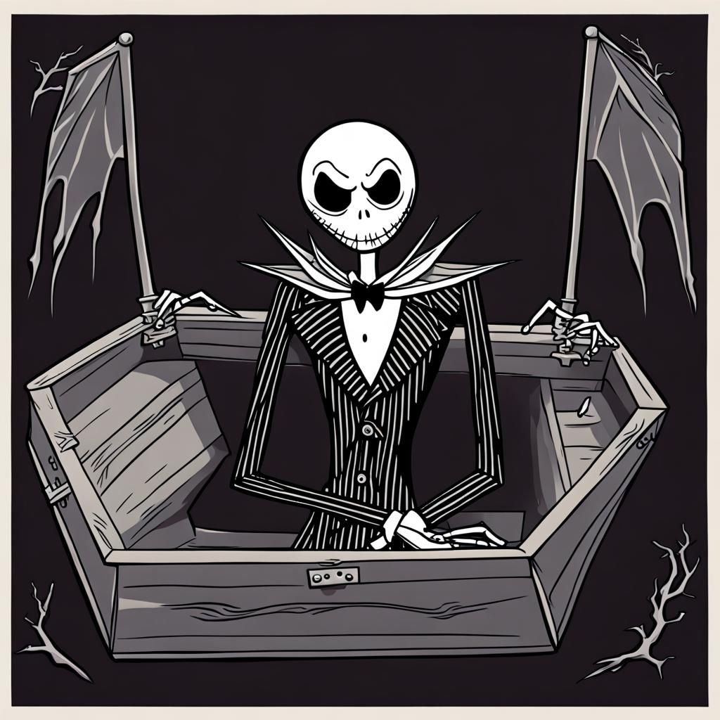 Dark horror style, Jack Skellington laying in a coffin with arms