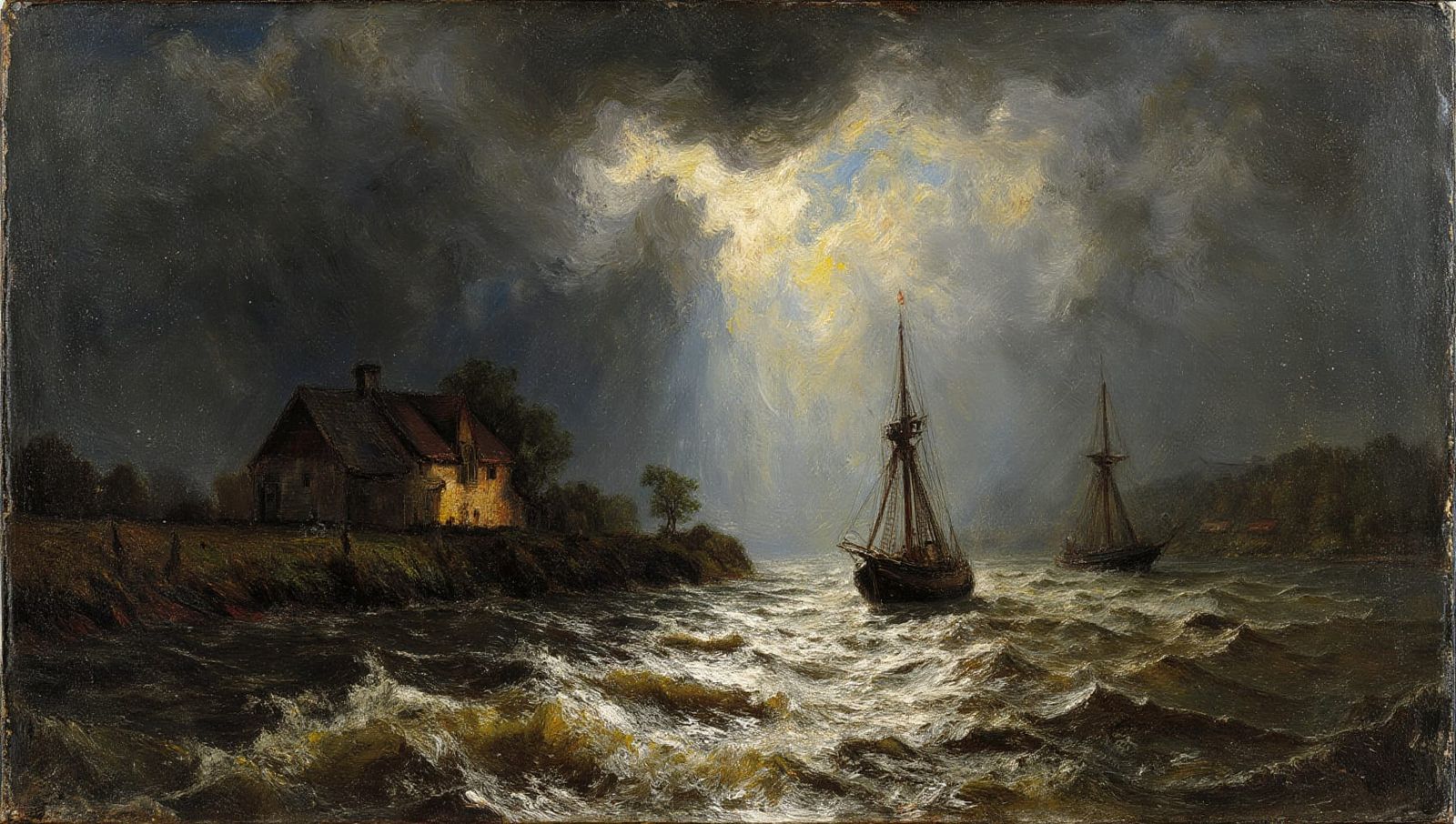 Sailboats on the Elbe River before an approaching storm in the evening - a reminiscence of Ernst Ferdinand Oehme